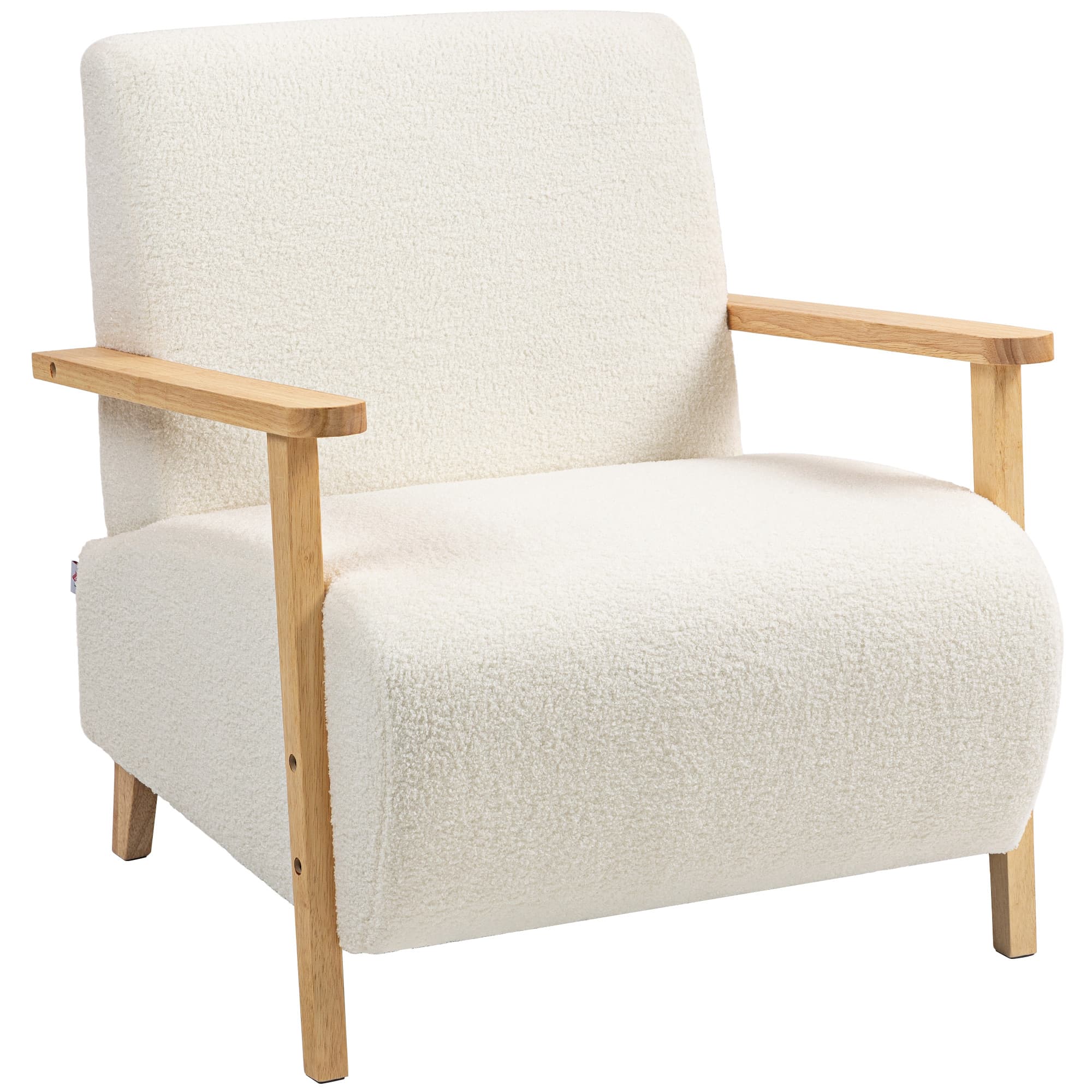 HOMCOM Fauteuil salon, tissu effet laine bouclée, structure en bois massif, pour salon, chambre à coucher, crème