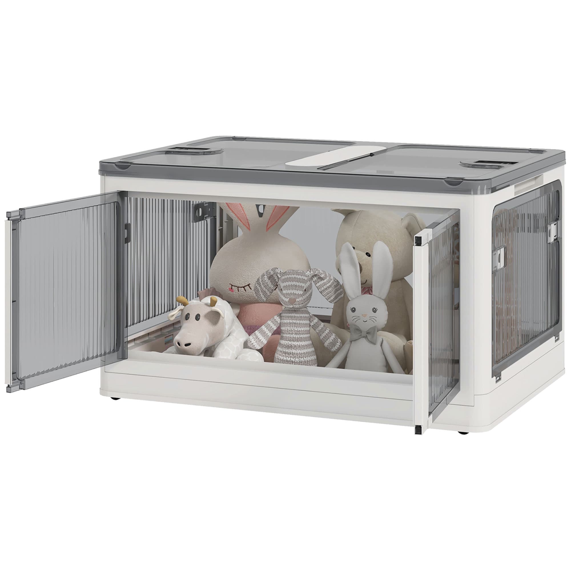 HOMCOM 69L Boîte de rangement pliable et empilable en plastique avec couvercle et 4 roulettes, accès à 5 côtés, blanc