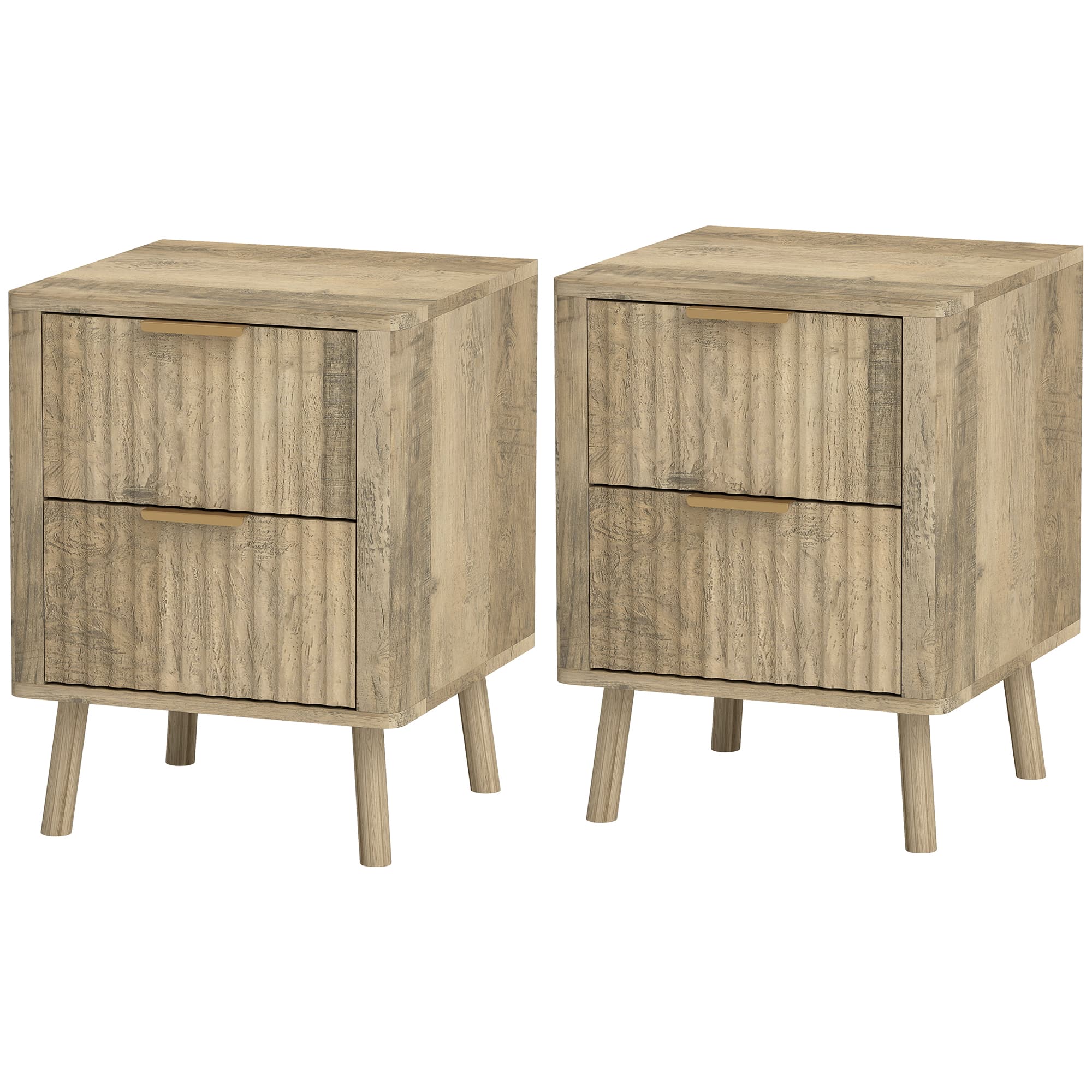 HOMCOM Lot de 2 tables de chevet avec 2 tiroirs cannelés pour chambre à coucher, salon, 40 x 40 x 53 cm, chêne