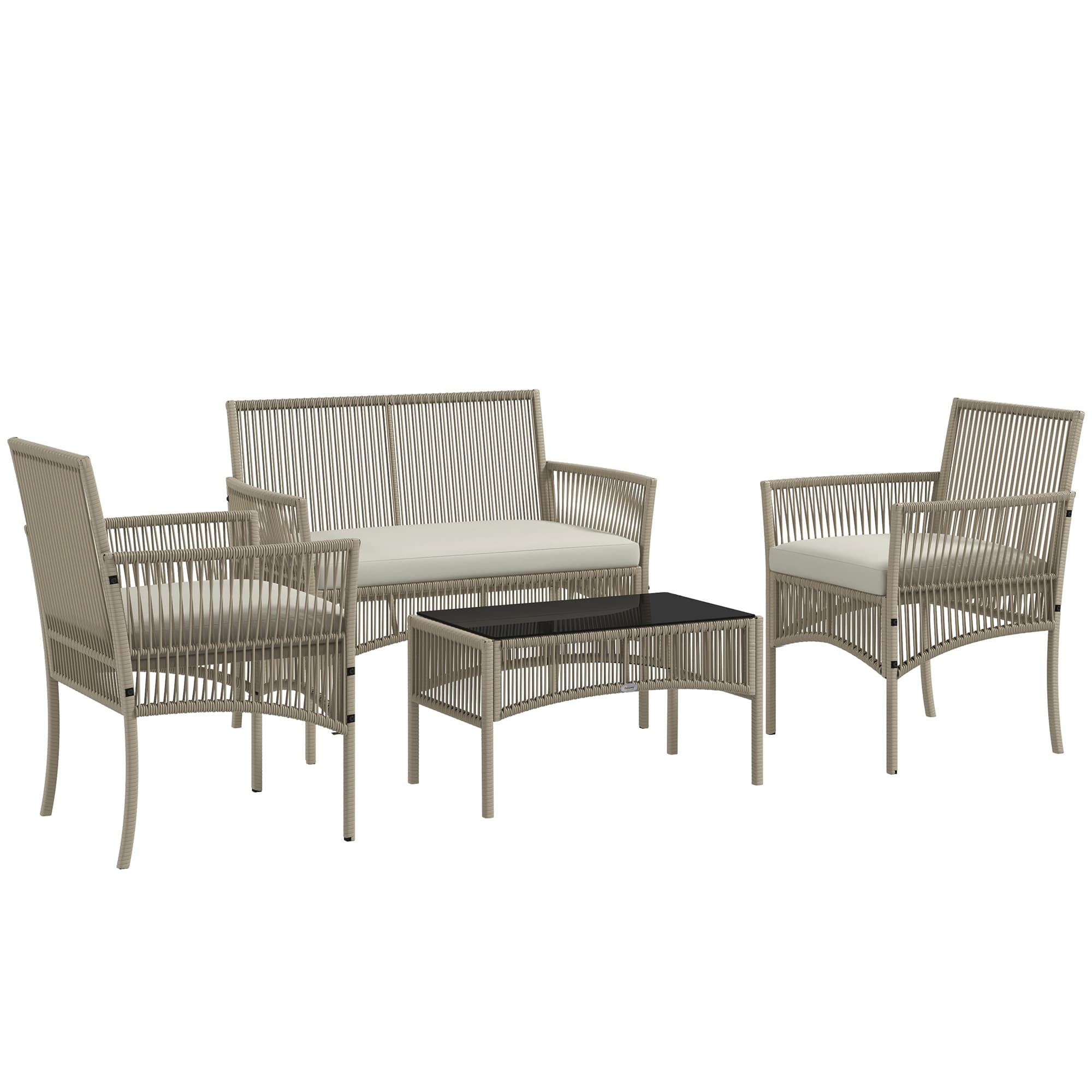 Outsunny Ensemble salon de jardin 4 pièces canapé 2 places 2 fauteuils 1 table basse plateau verre trempé