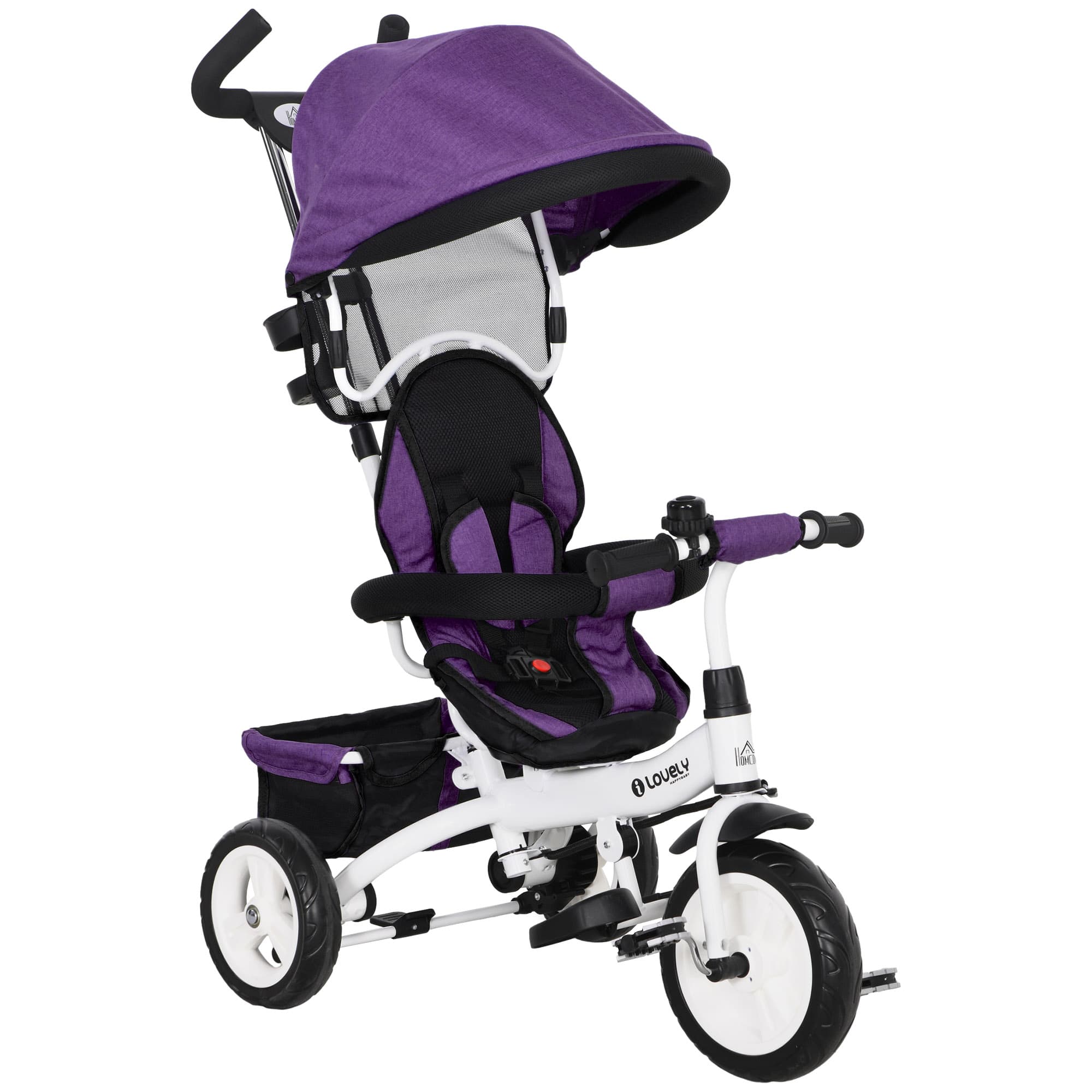 HOMCOM Tricycle enfant évolutif pare-soleil pliable canne télescopique amovible 95 x 50 x 106 cm acier violet blanc