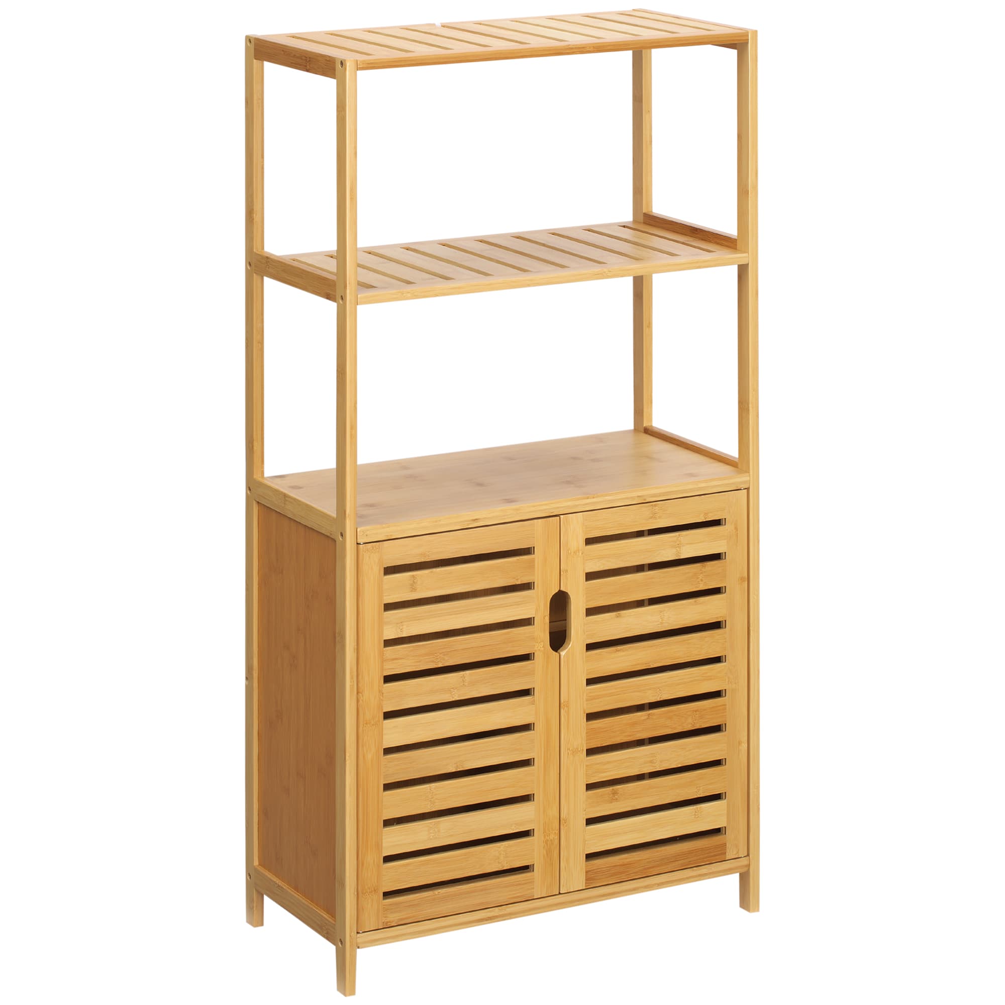 kleankin Meuble salle de bain en bambou, armoire salle de bain sur pied, 2 étagères ouvertes et double porte à lattes, naturel