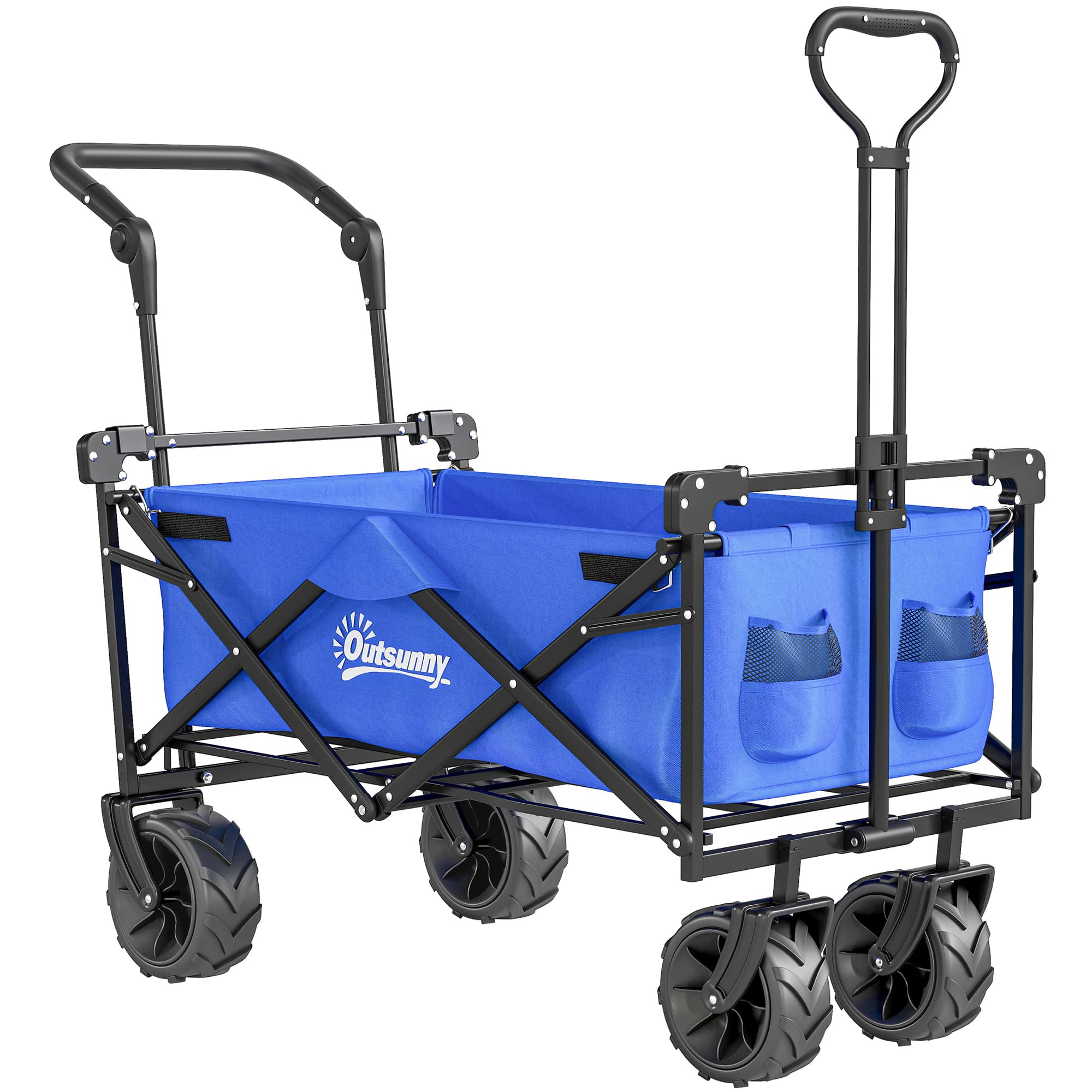Outsunny Chariot pliant avec toit, poignée, panier chariot de transport pliable tout-terrain acier noir Oxford bleu