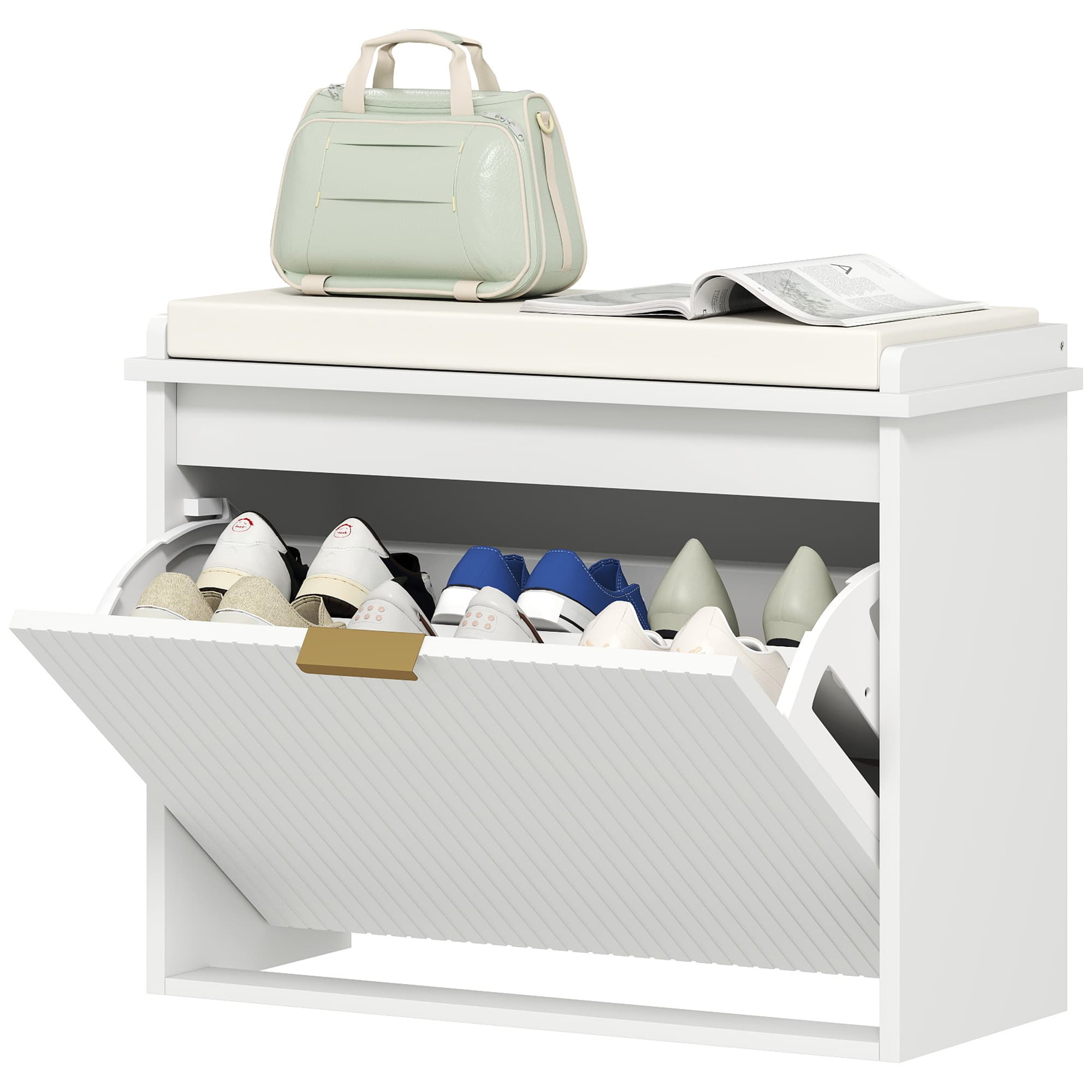 HOMCOM Banc à chaussures avec coussin d'assise rembourré et tiroir rabattable pour couloir, chambre, 62 x 26 x 47,5 cm, blanc