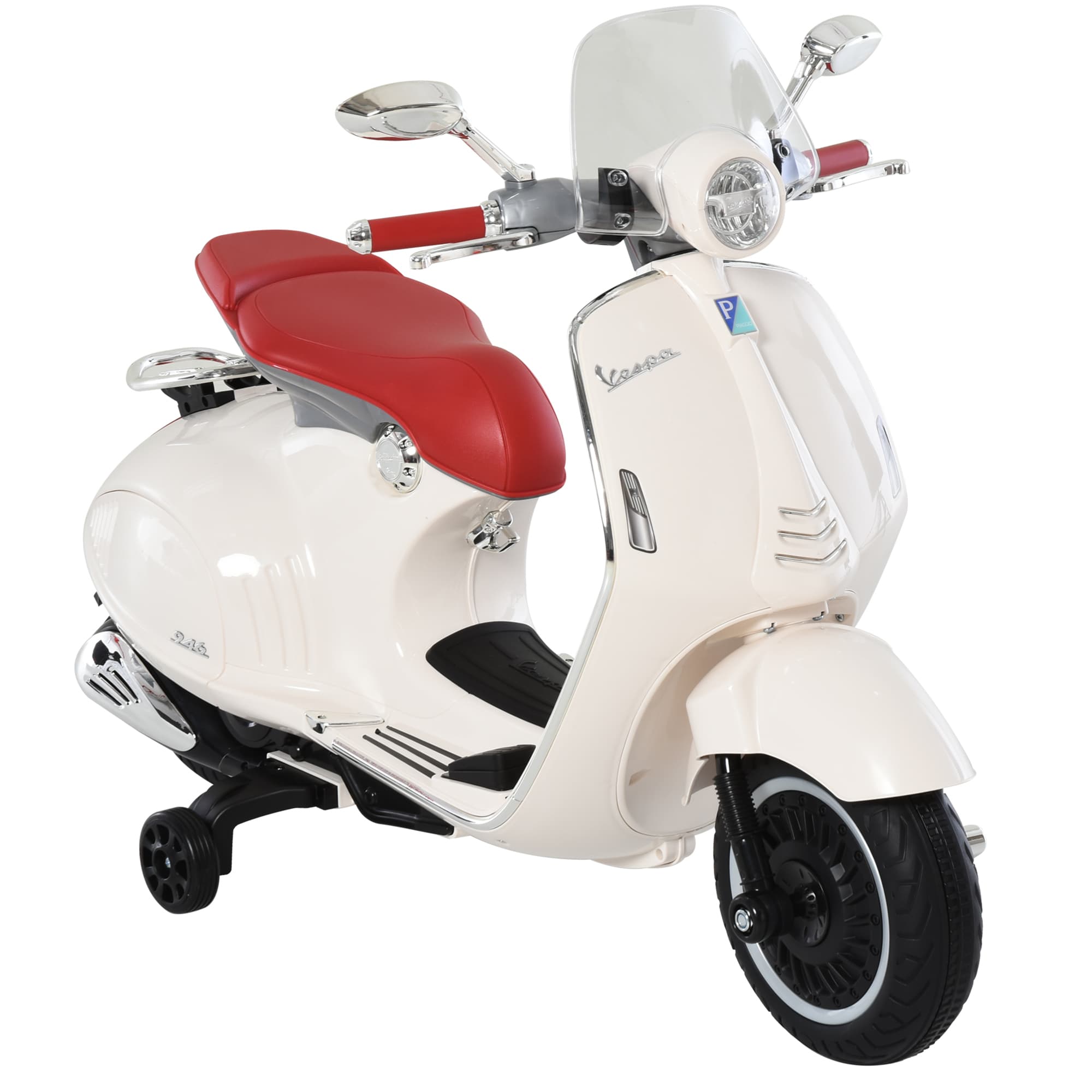 HOMCOM Vespa Scooter Moto électrique Enfants 6 V dim. 108L x 49l x 75H cm Musique klaxon 2 roues auxiliaires, 3-6 ans, Blanc
