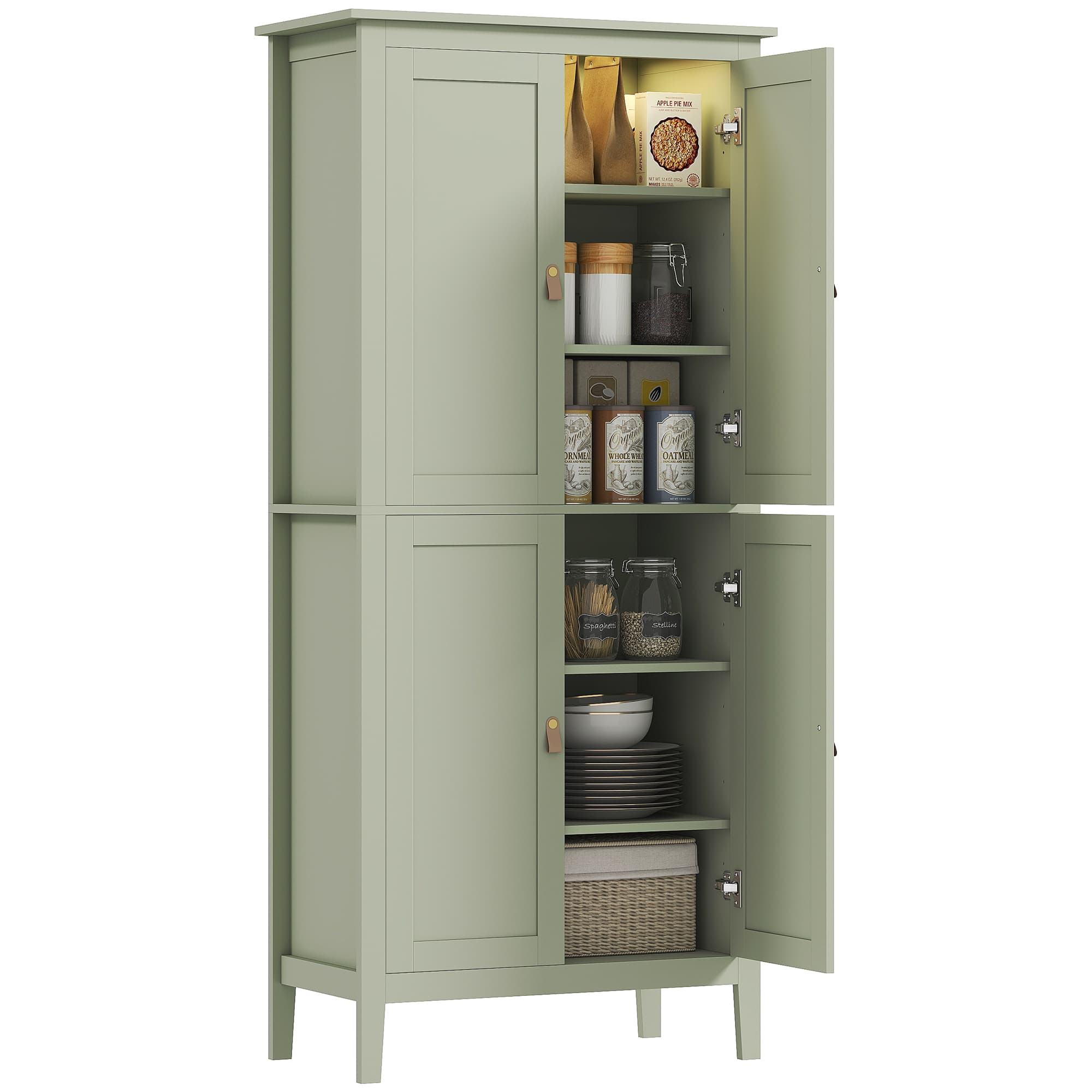 HOMCOM Buffet cuisine, meuble cuisine rangement haut avec LED réglable et détecteur de mouvement, 80 x 40 x 176,5 cm, vert