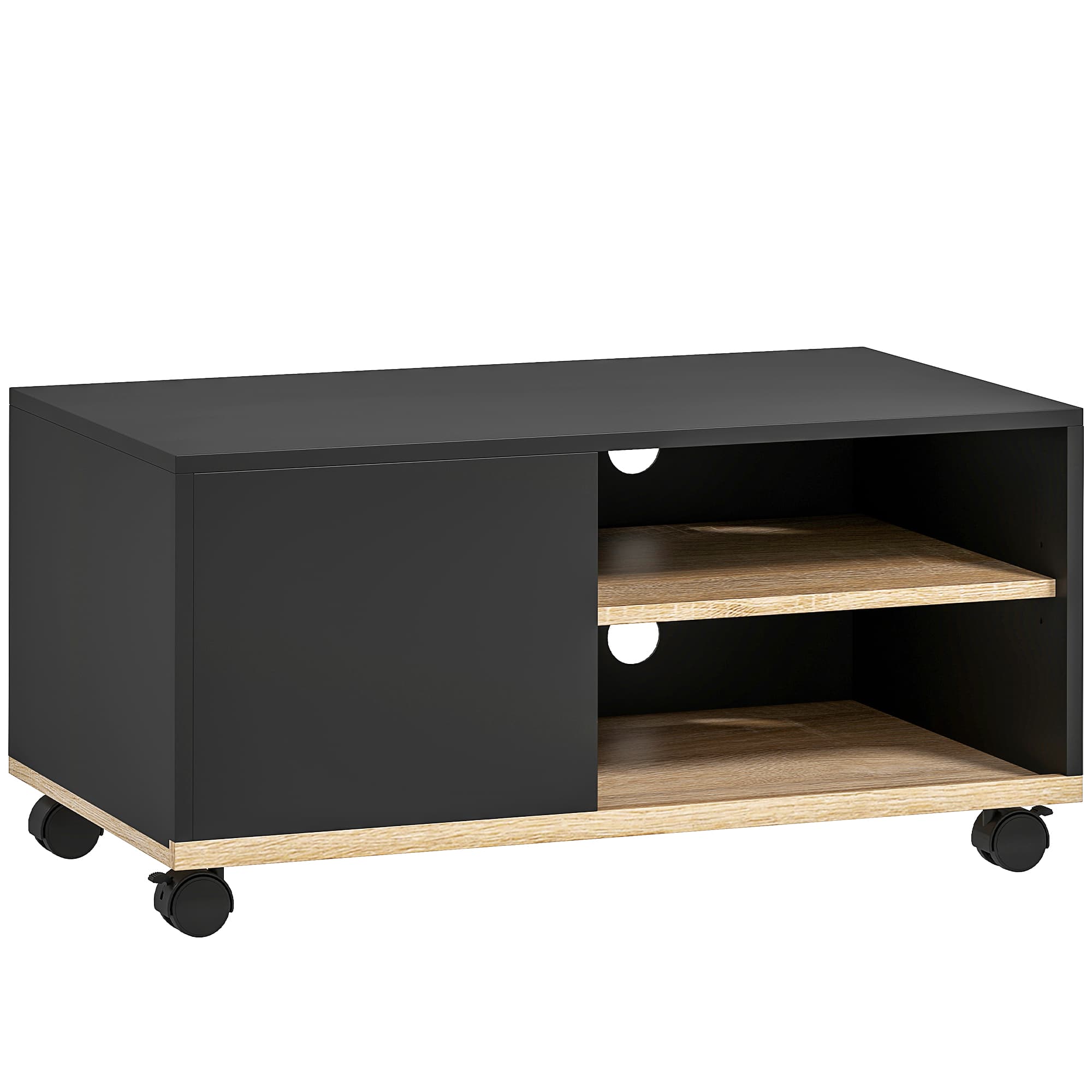 HOMCOM Meuble TV sur roulettes avec 2 Freins - 2 niches + Placard Porte 2 Passe-Fil - en bois Noir chêne Clair