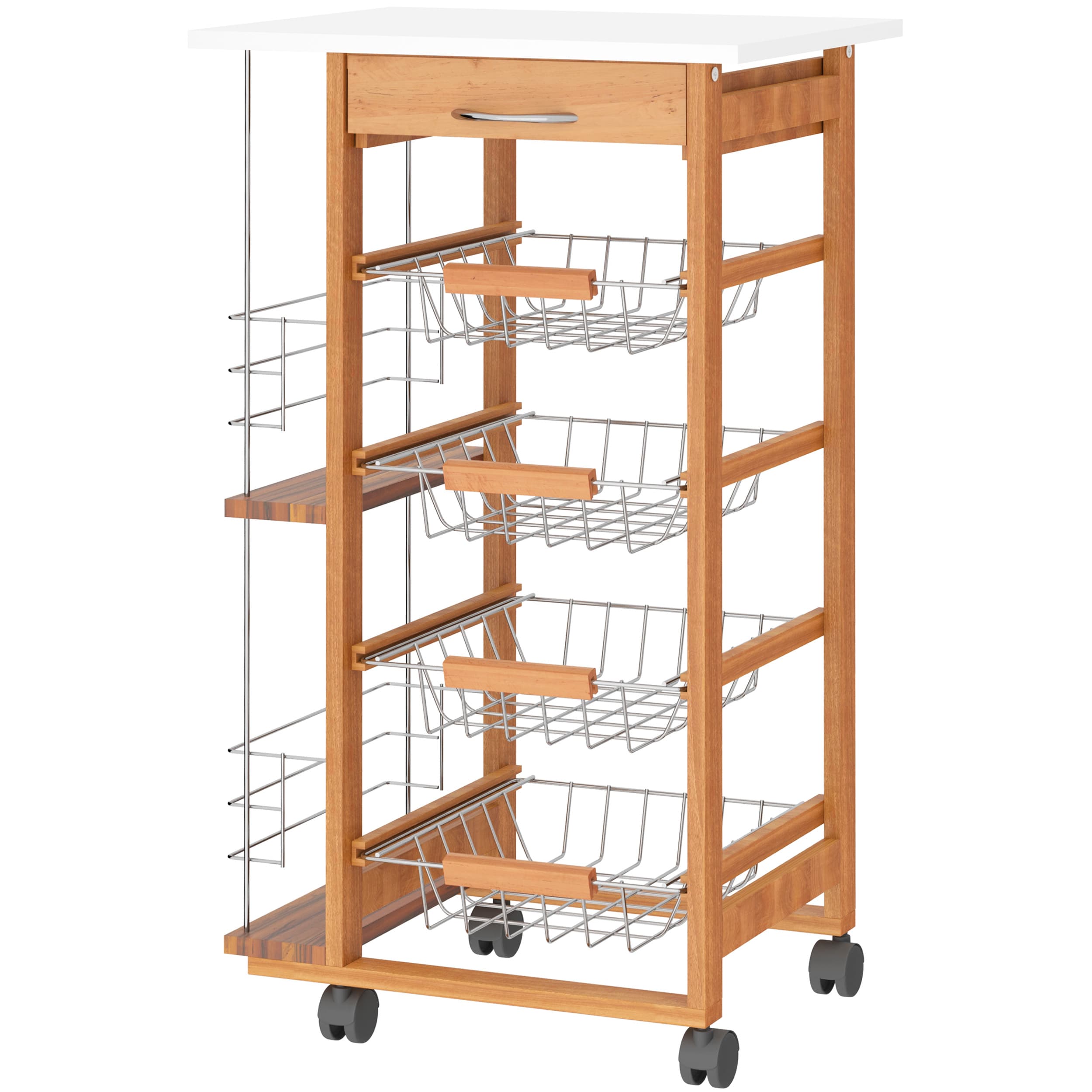 HOMCOM Desserte cuisine à roulettes avec tiroir, 4 paniers et étagères latérales, 47 x 37 x 83 cm, blanc et marron