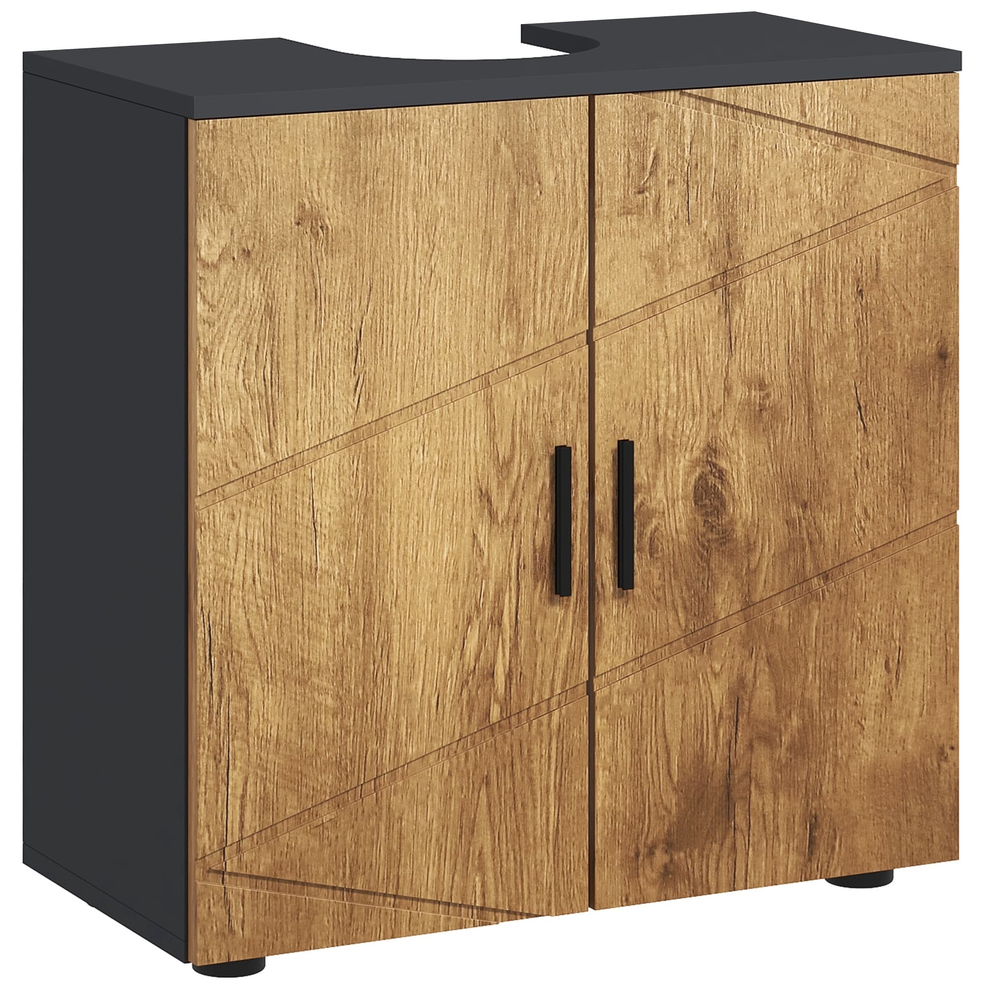 kleankin Meuble sous vasque lavabo meuble de salle de bain 2 portes avec étagère 60 x 30 x 60 cm gris anthracite et aspect bois