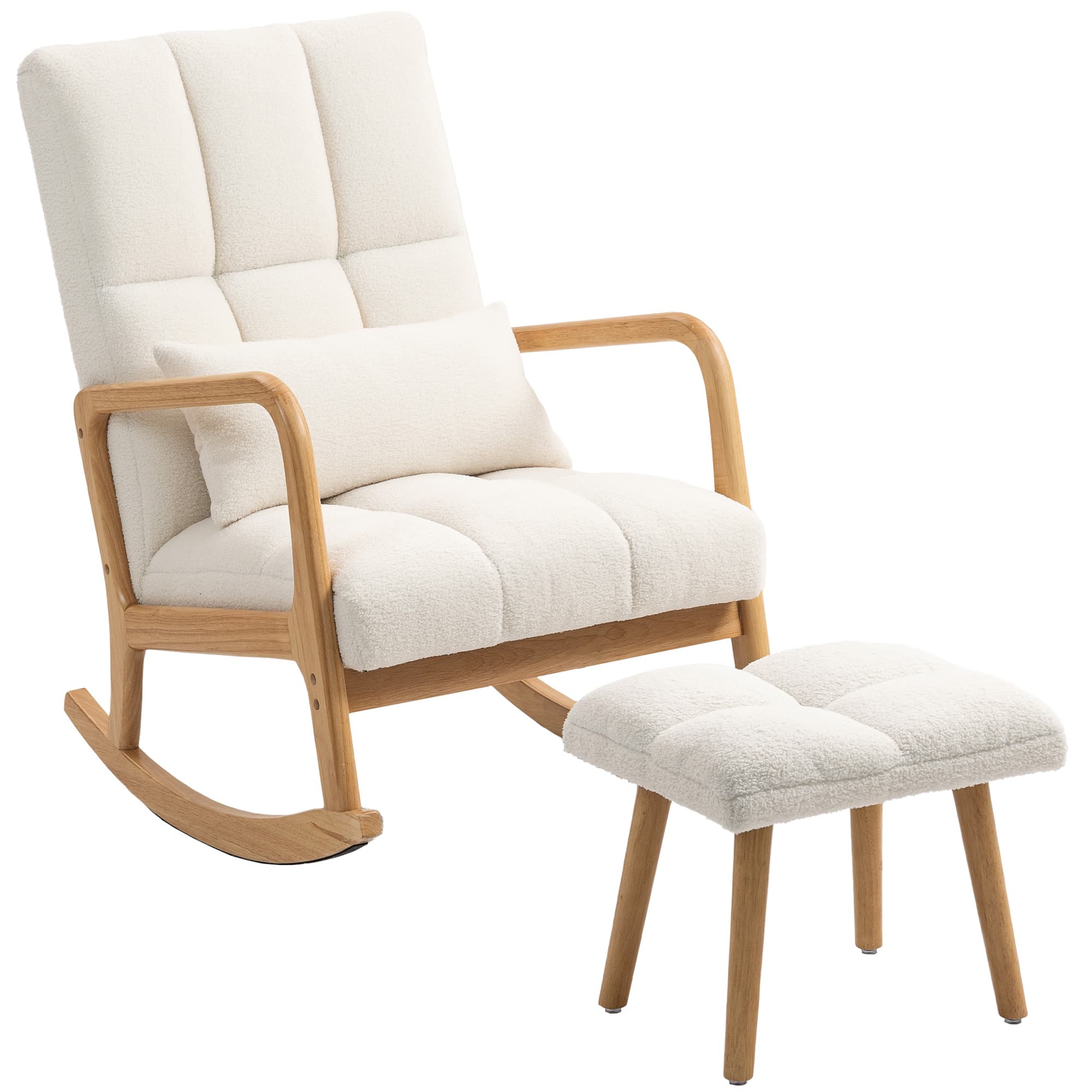HOMCOM Fauteuil à bascule avec repose-pieds, rocking chair en tissu bouclette, pieds en bois, 64,5 x 82 x 89 cm, blanc