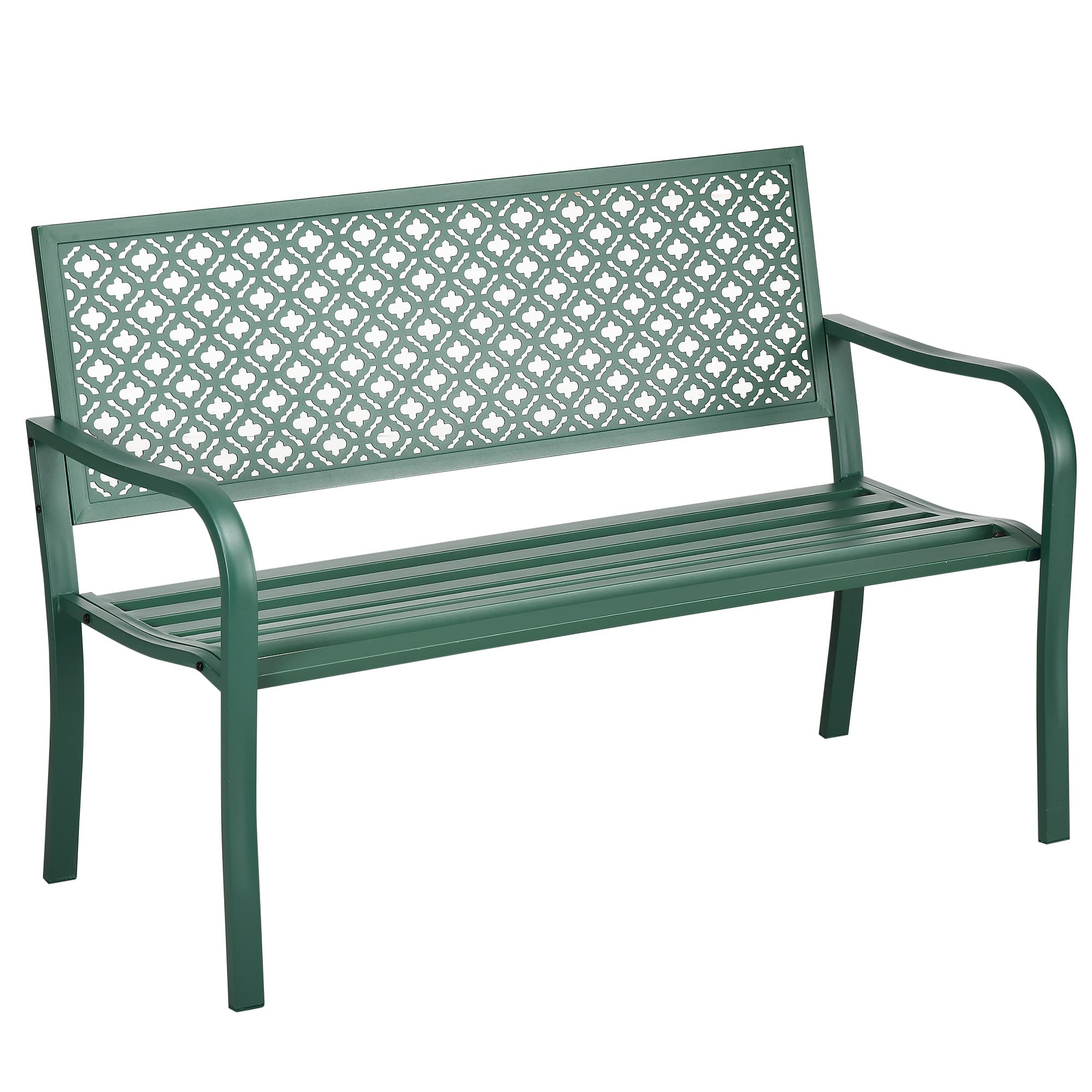 Outsunny Banc de jardin banc extérieur jardin en acier avec dossier à motif floral pour 2 personnes 127 x 63 x 83 cm vert foncé