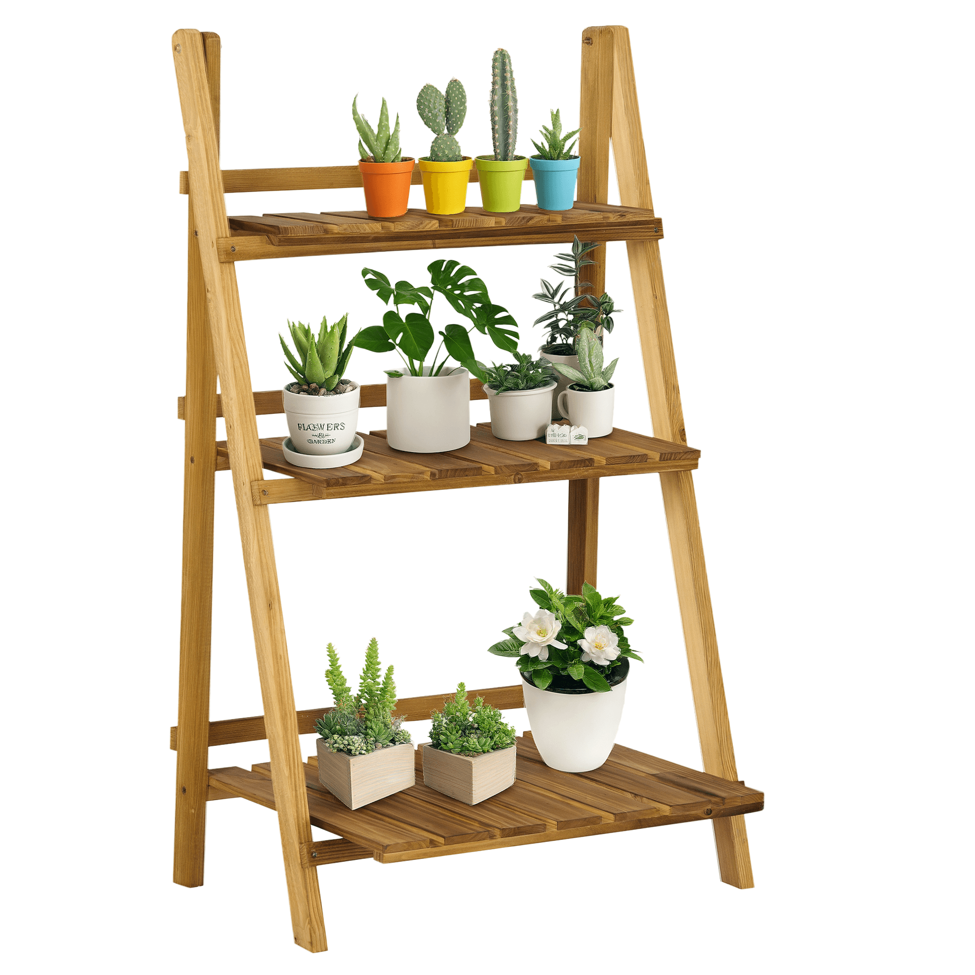 Outsunny Étagère à plantes en bois forme pyramidale échelle pliante avec 3 étagères 60 x 37 x 93 cm marron Aosom France