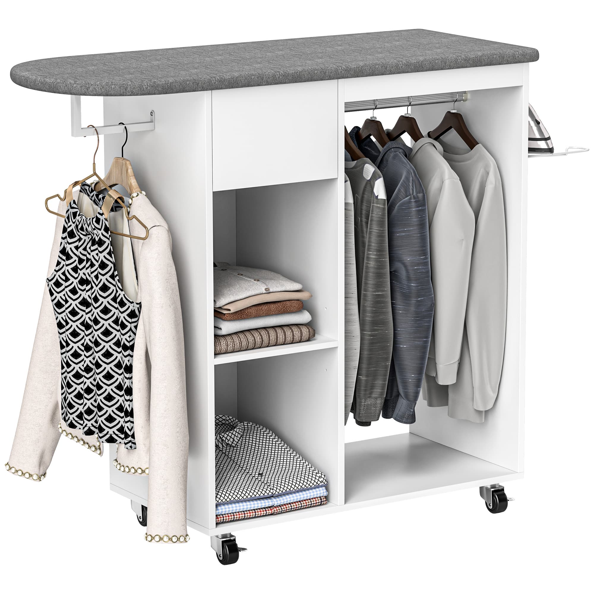 HOMCOM Armoire à repasser en bois table à repasser avec roulettes barre de suspension étagère 125 x 43,5 x 112 cm blanc