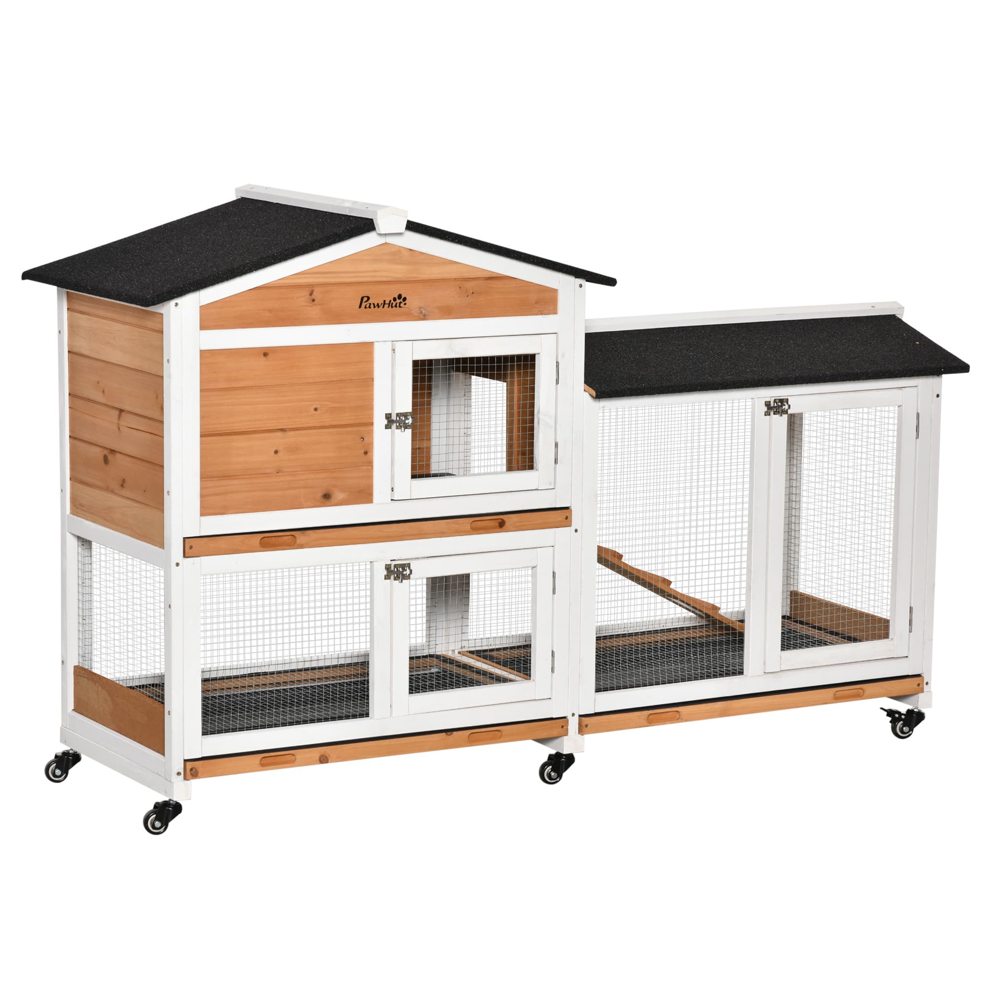 PawHut Clapier bois pour lapins petit enclos animaux villa pour lapin sur roulettes 2 étages 3 plateaux coulissants jaune
