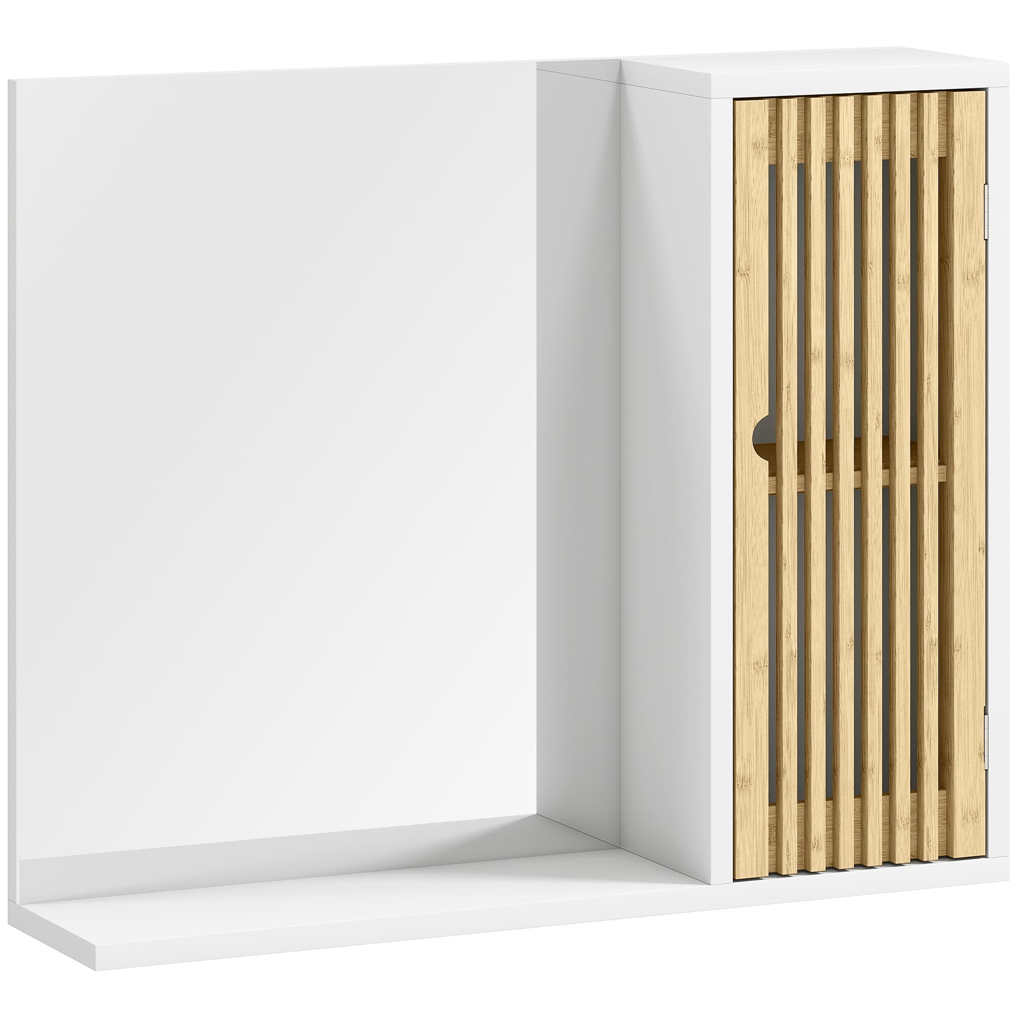 HOMCOM Armoire de salle de bain avec miroir, étagère, porte à lattes en bambou et étagère réglable, blanc