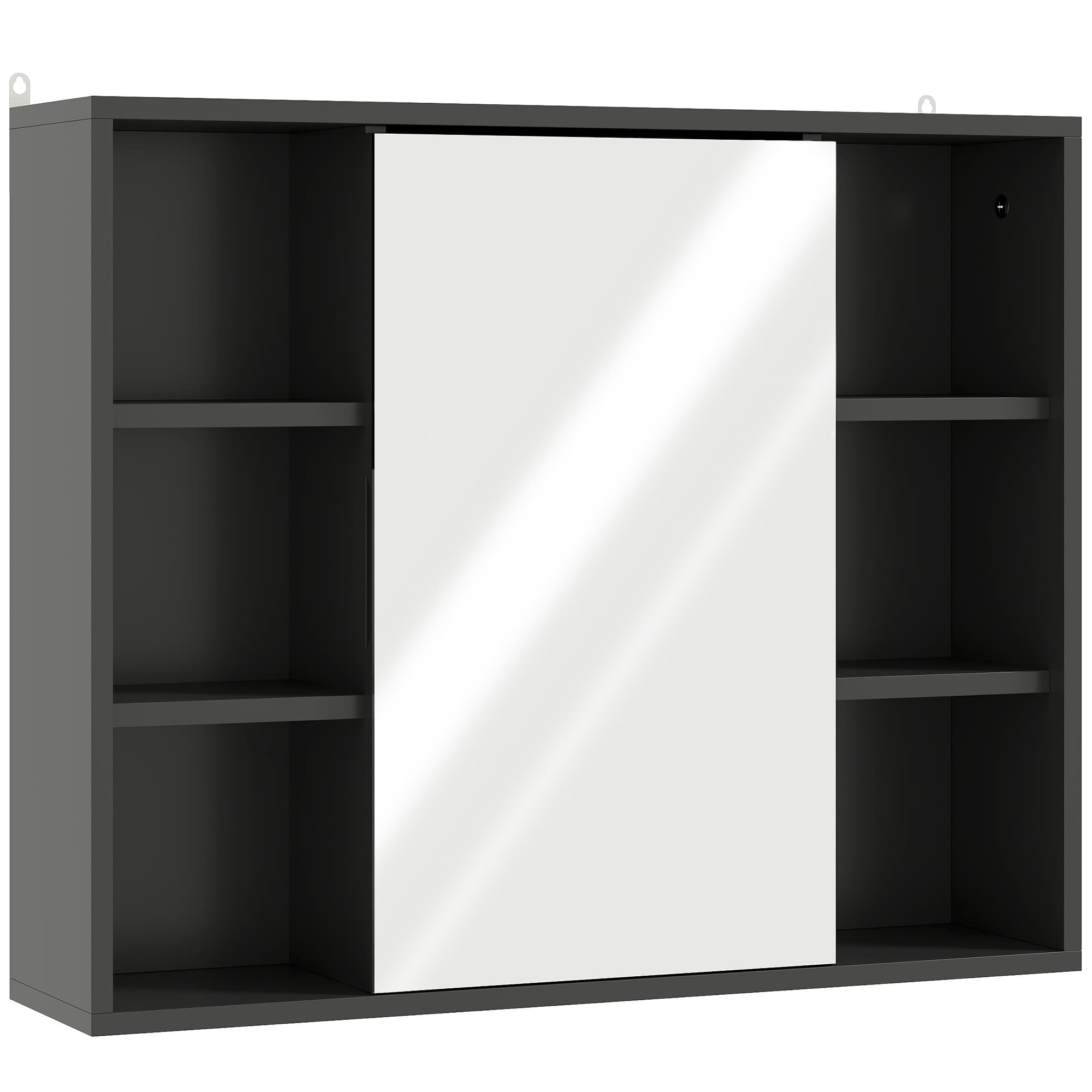 HOMCOM Meuble salle de bain avec miroir, placard à portes et 6 compartiments ouverts, 60 x 14,5 x 49,4 cm, noir