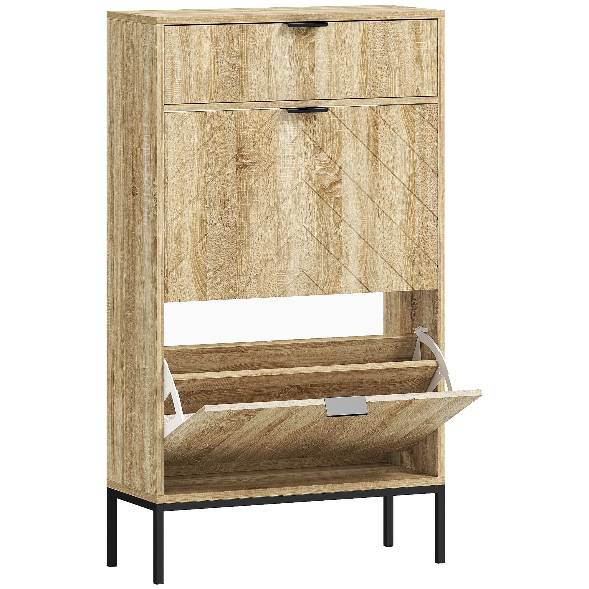 HOMCOM Meuble à chaussures 8 paires avec tiroir coulissant, 2 tiroirs rabattables, étagères réglables, 60x24x105,5cm, chêne