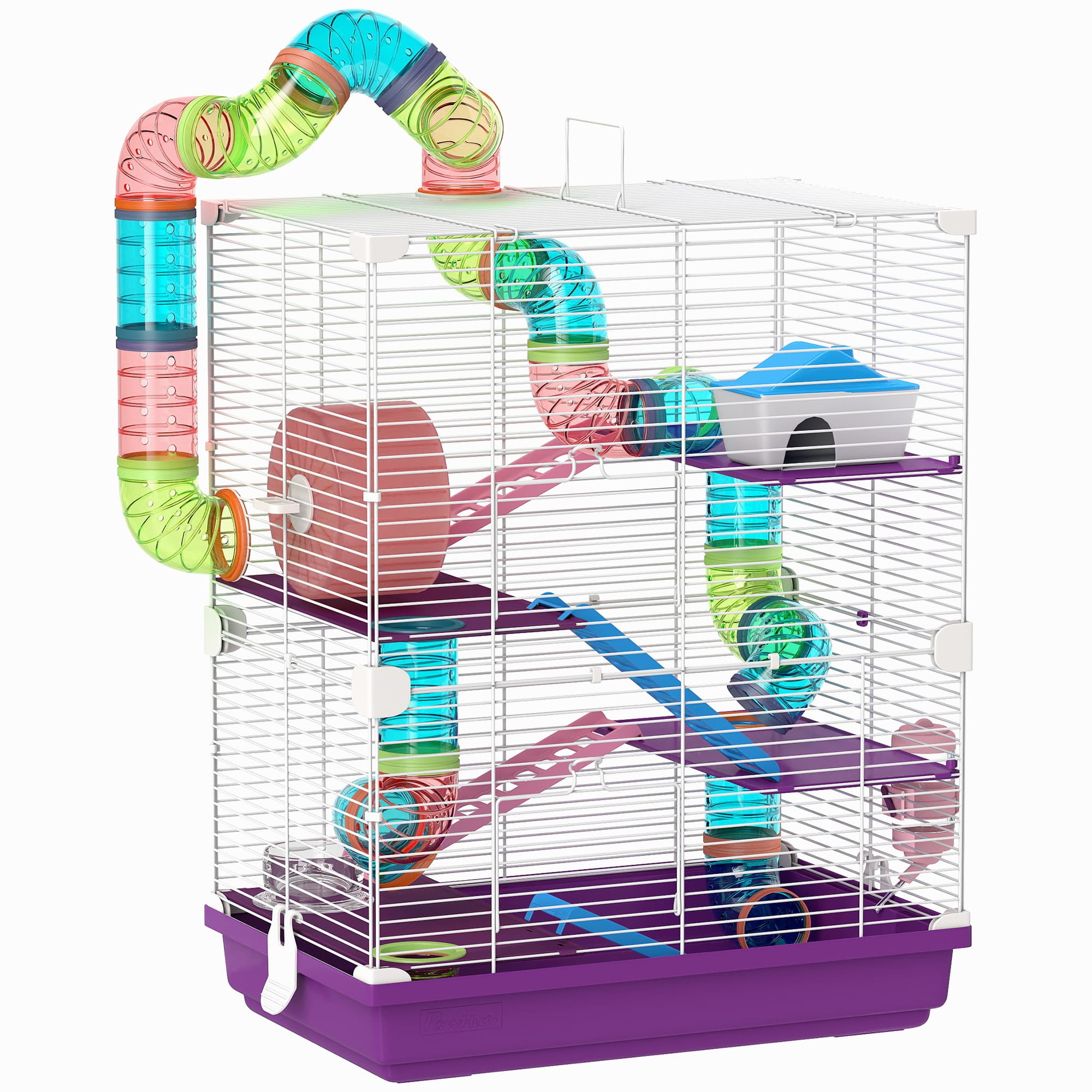 PawHut Cage pour hamster rongeur 4 étages avec tunnels mangeoire roue maison échelles 46 x 30 x 58 cm violet