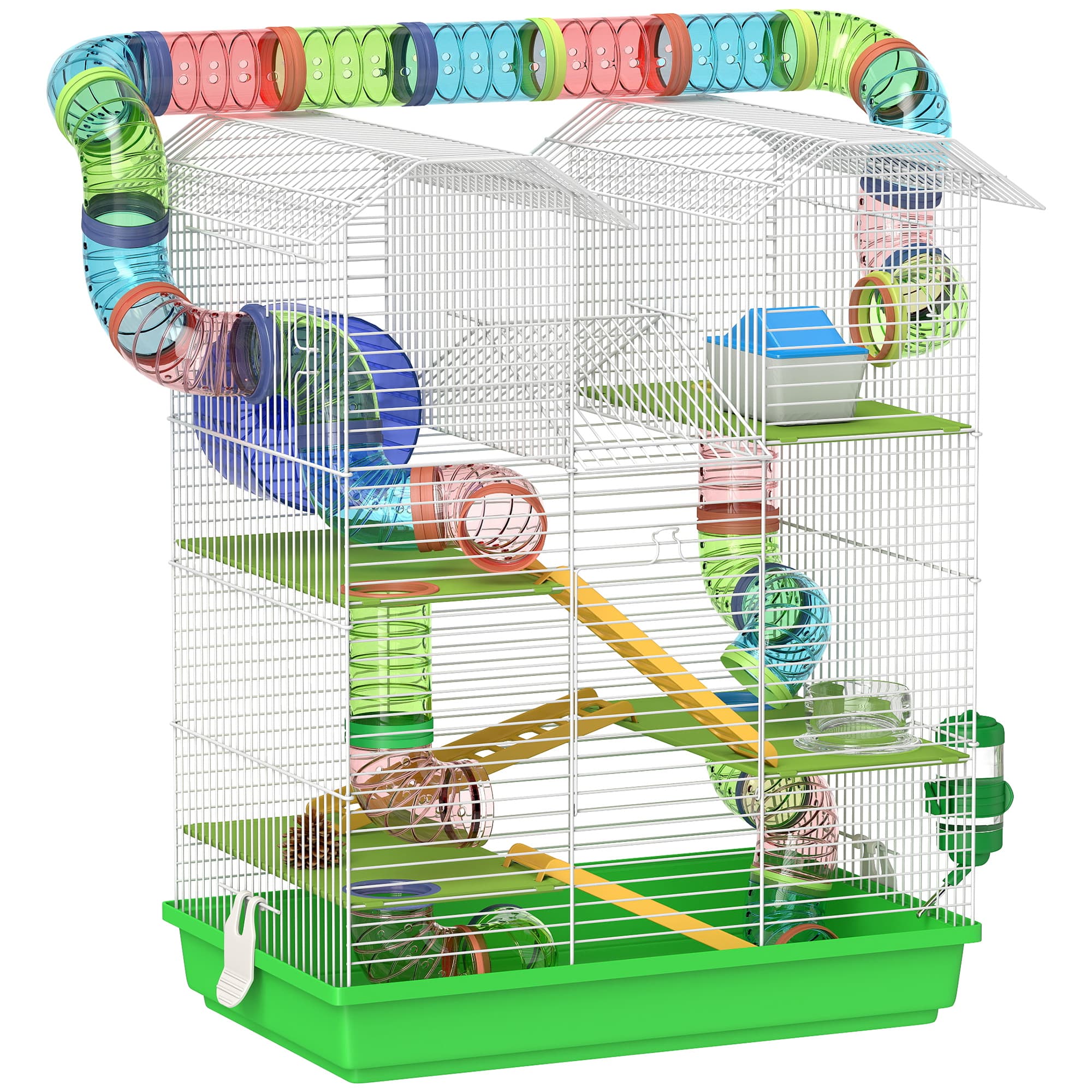 PawHut Cage pour hamster souris petit animaux rongeur avec tunnel mangeoire roue jouet 47 x 30 x 59 cm vert