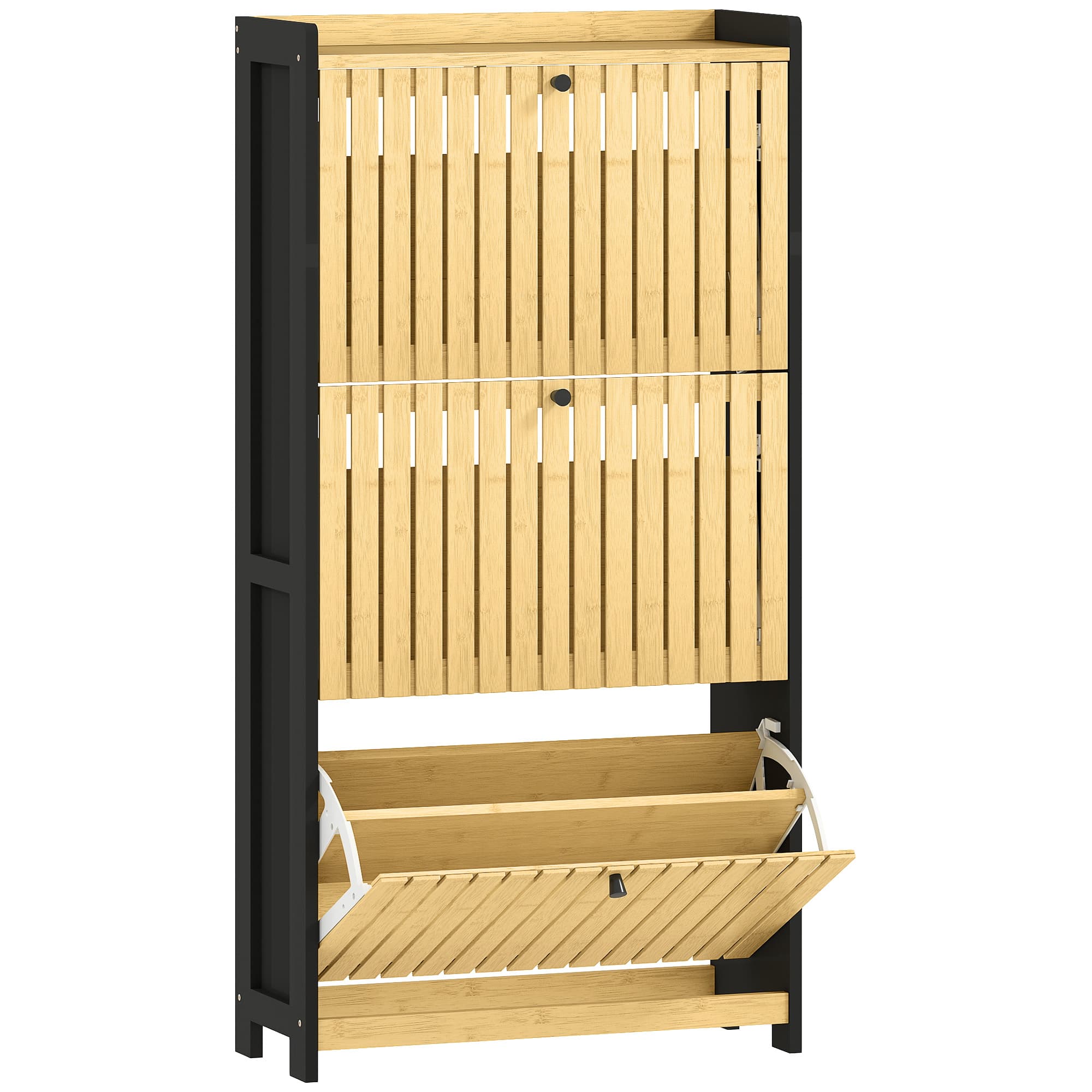 HOMCOM Meuble à chaussures 18 paires avec 3 tiroirs rabattables, portes en bambou à lattes, 60x24x118cm, noir et bois naturel
