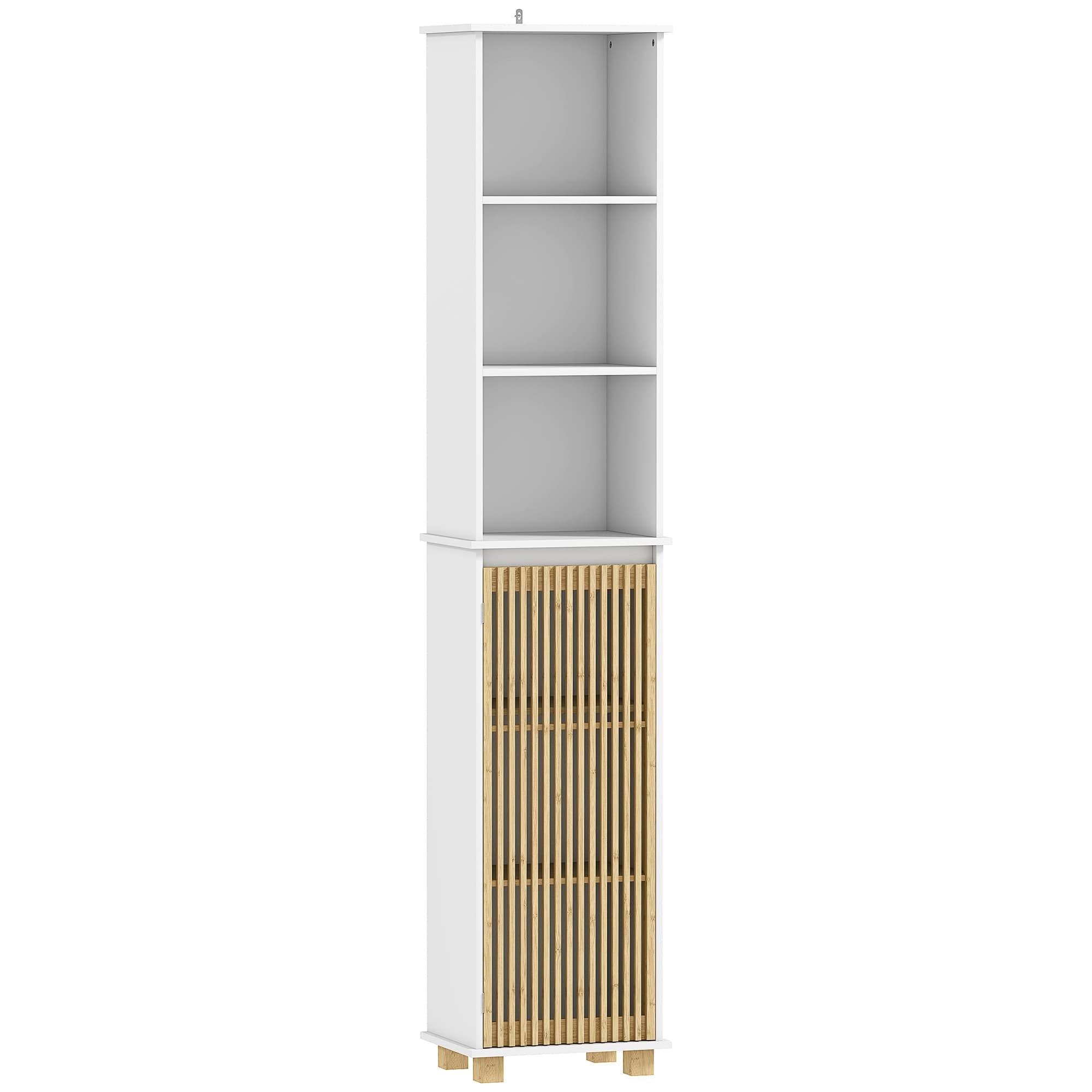 HOMCOM Colonne salle de bain, meuble salle de bain rangement avec porte à lattes en bambou et compartiments ouverts, blanc