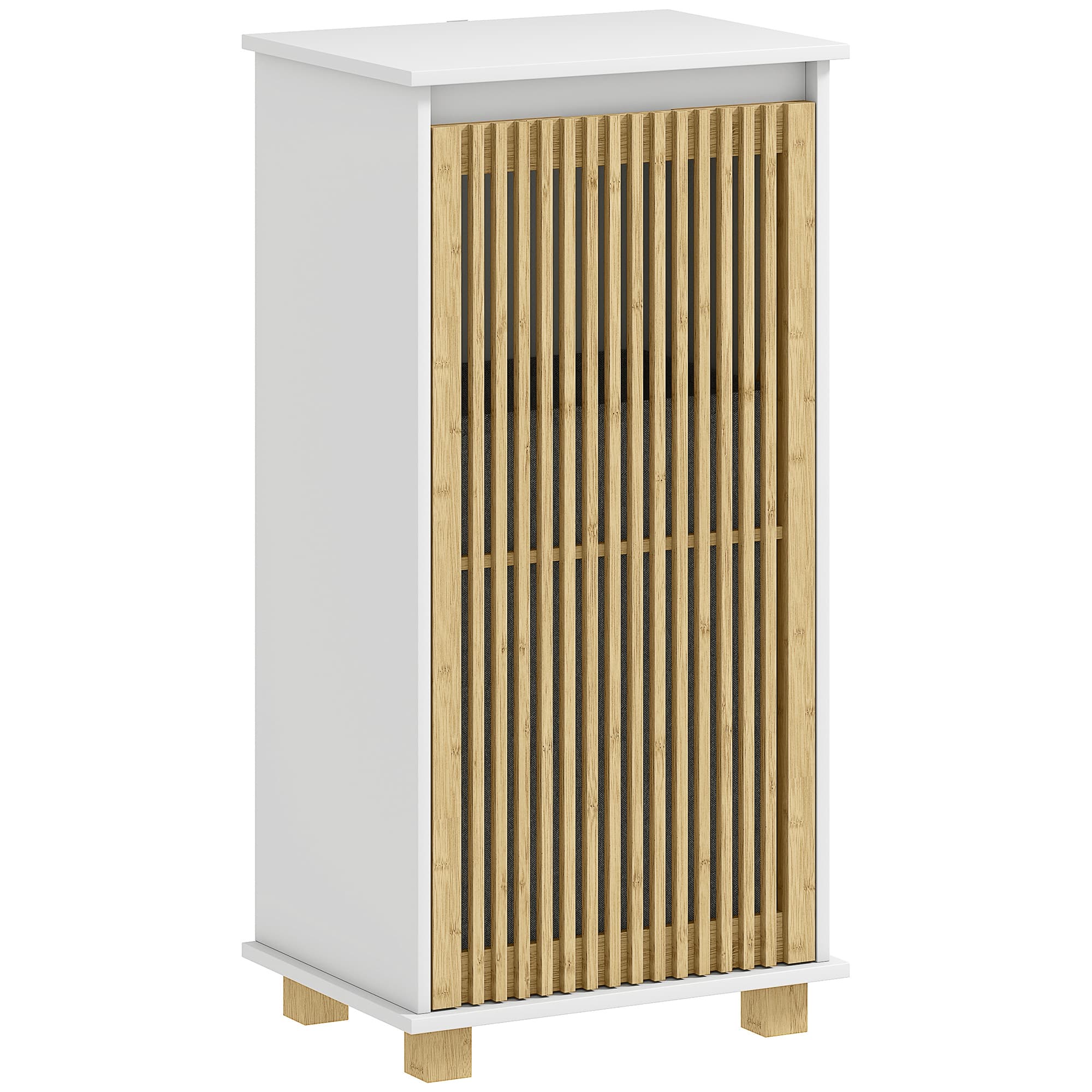 HOMCOM Meuble salle de bain avec panier à linge, porte à lattes en bambou et sac amovible, blanc et effet bois naturel