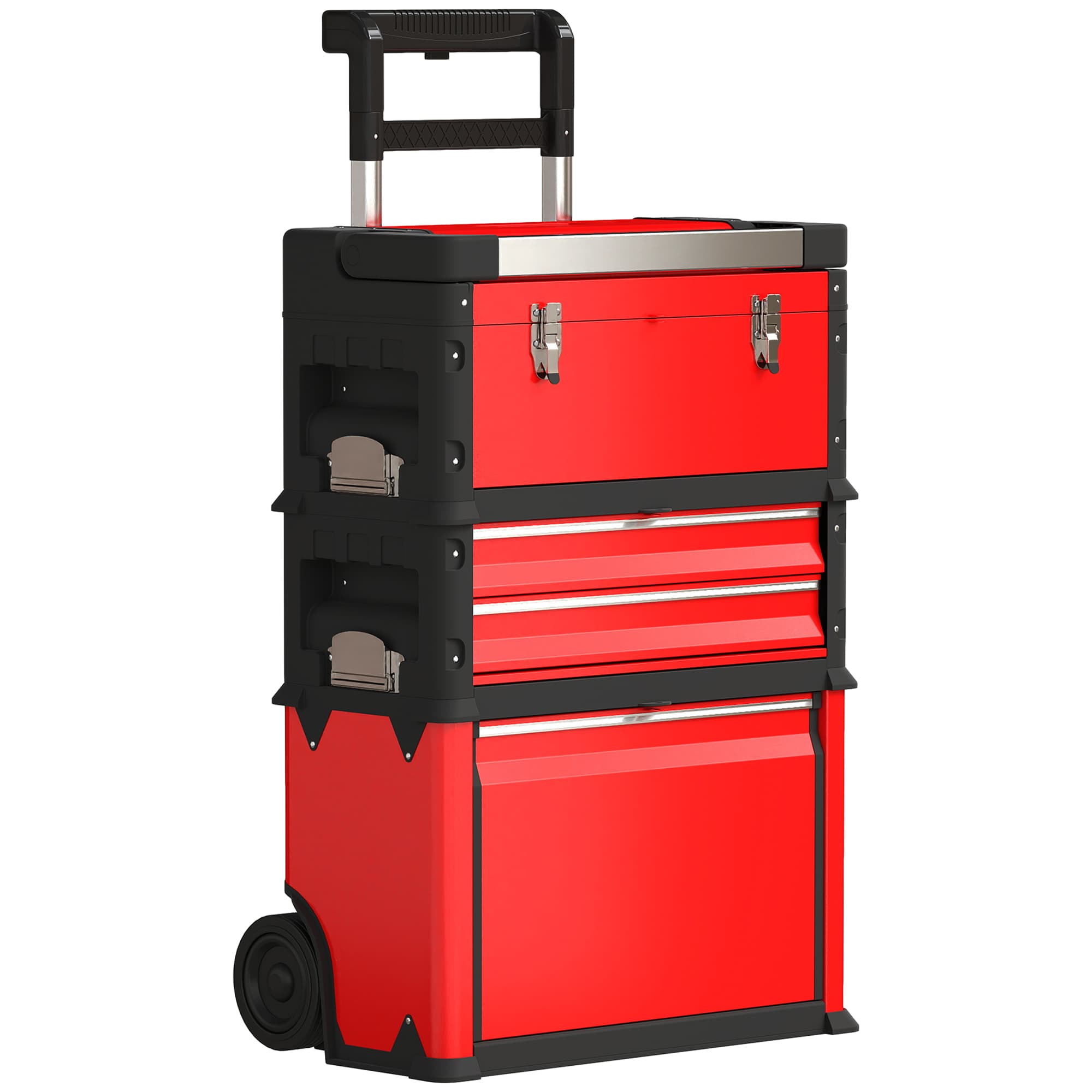 HOMCOM Lot de 3 boîtes à outils sur roulettes empilables et modulaires en acier avec plateau, poignées et serrure, rouge