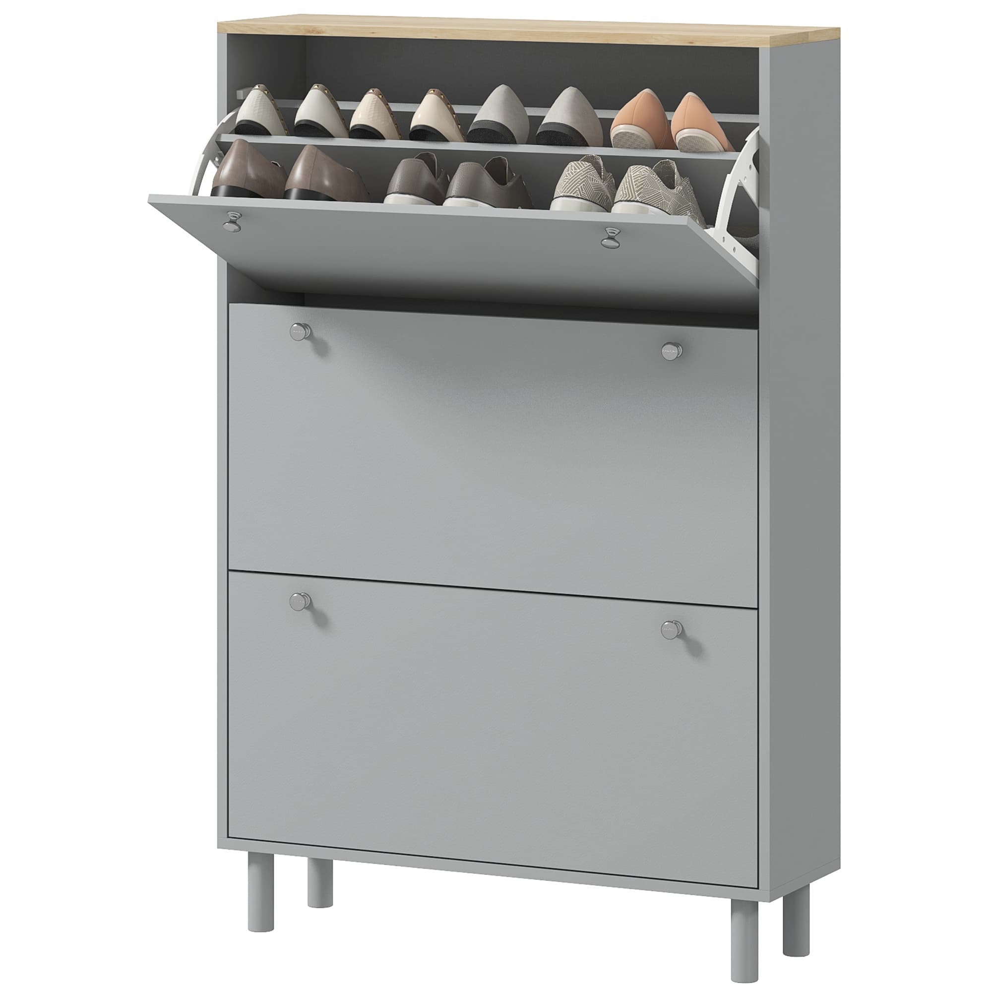 HOMCOM Meuble à chaussures 24 paires avec 3 tiroirs rabattables et étagères réglables, 80x23,5x121cm, gris