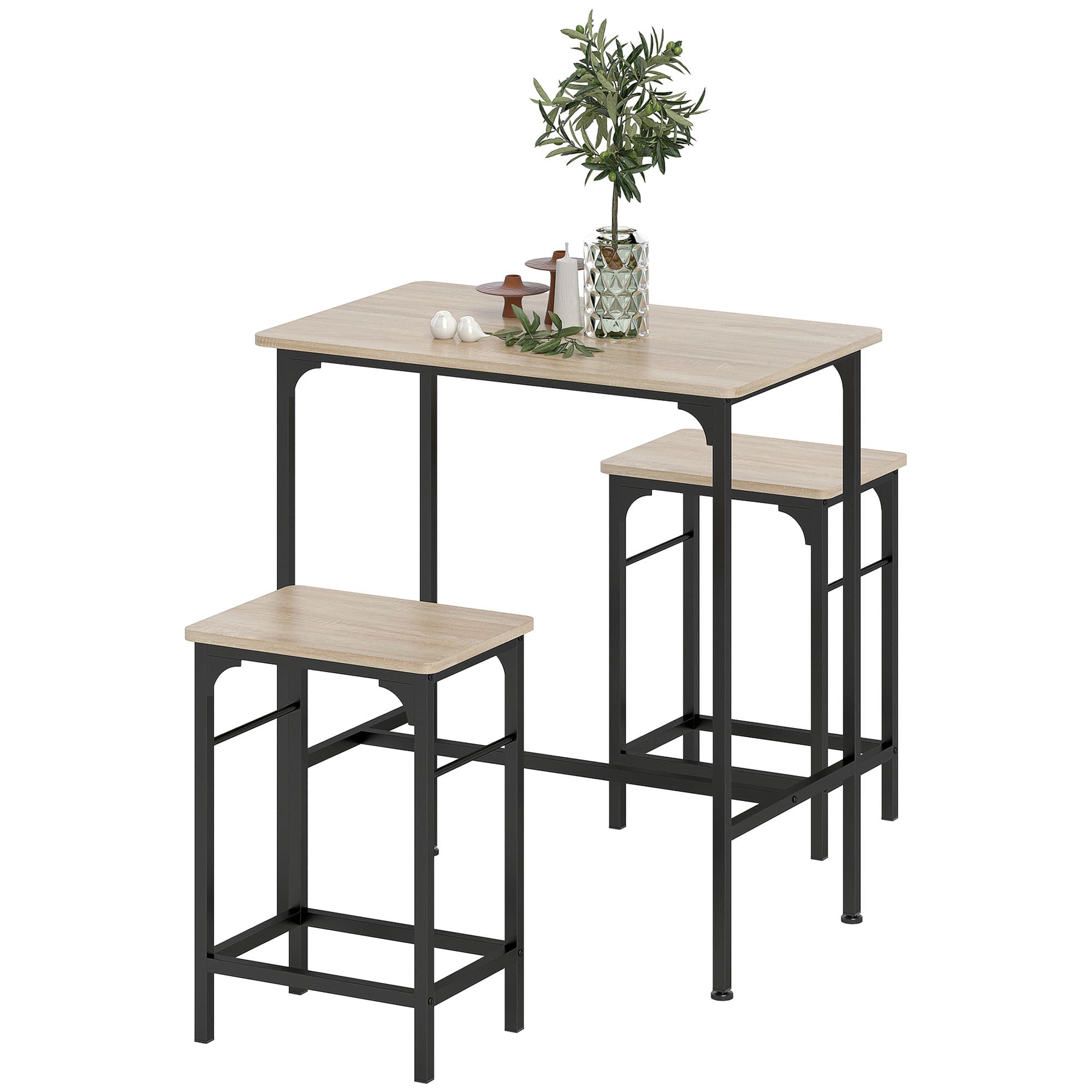 HOMCOM Ensemble table de bar avec 2 tabourets, cadre en acier pour cuisine, salle à manger et salon, effet bois naturel