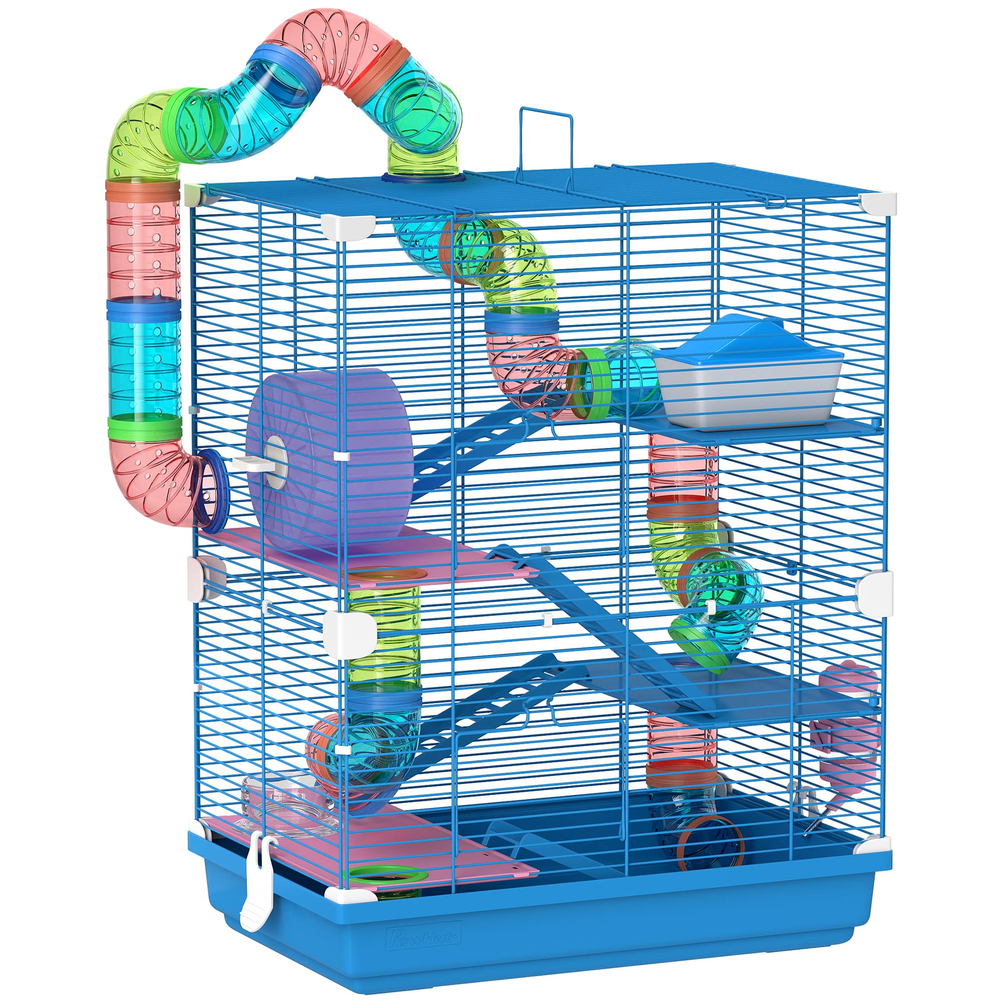 PawHut Cage pour hamster rongeur 4 étages avec tunnels mangeoire roue maison échelles 46 x 30 x 58 cm bleu