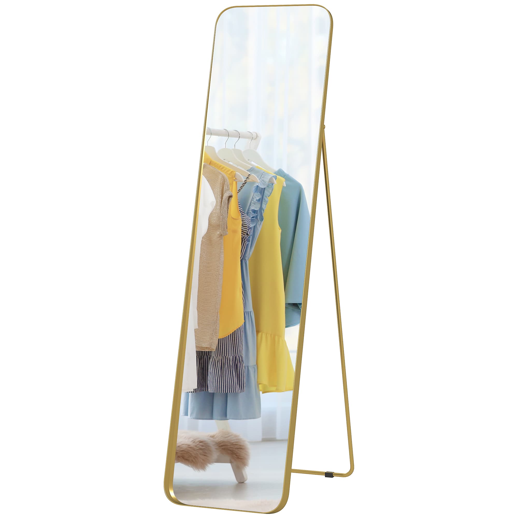 HOMCOM Miroir sur pied arqué 40 x 160 cm, montage au sol ou appuyé contre le mur, pour chambre à coucher salon dressing, doré