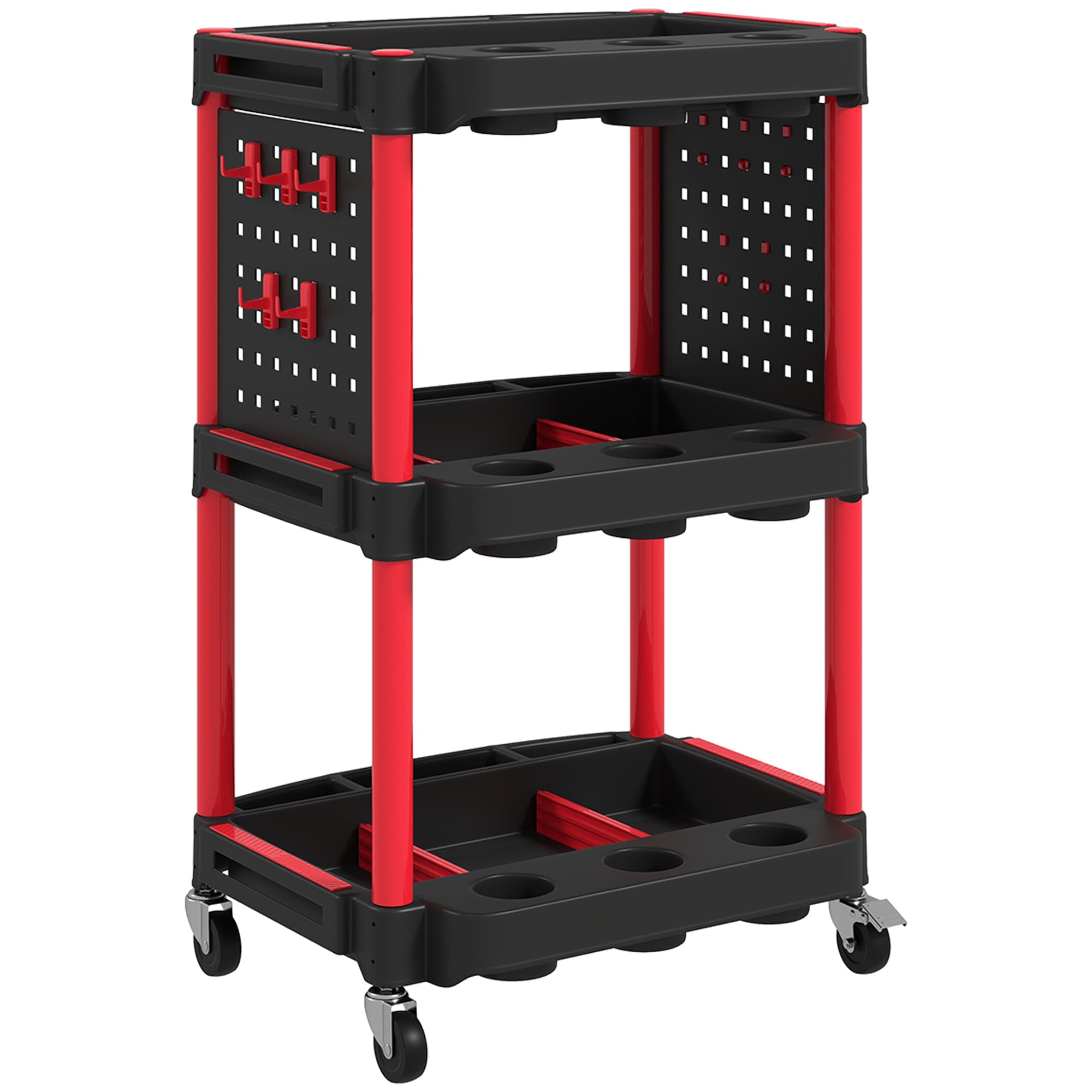 HOMCOM Chariot d'atelier servante atelier à 3 niveaux pour garage, entrepôt, outils de bricolage, charge 91 Kg, noir et rouge