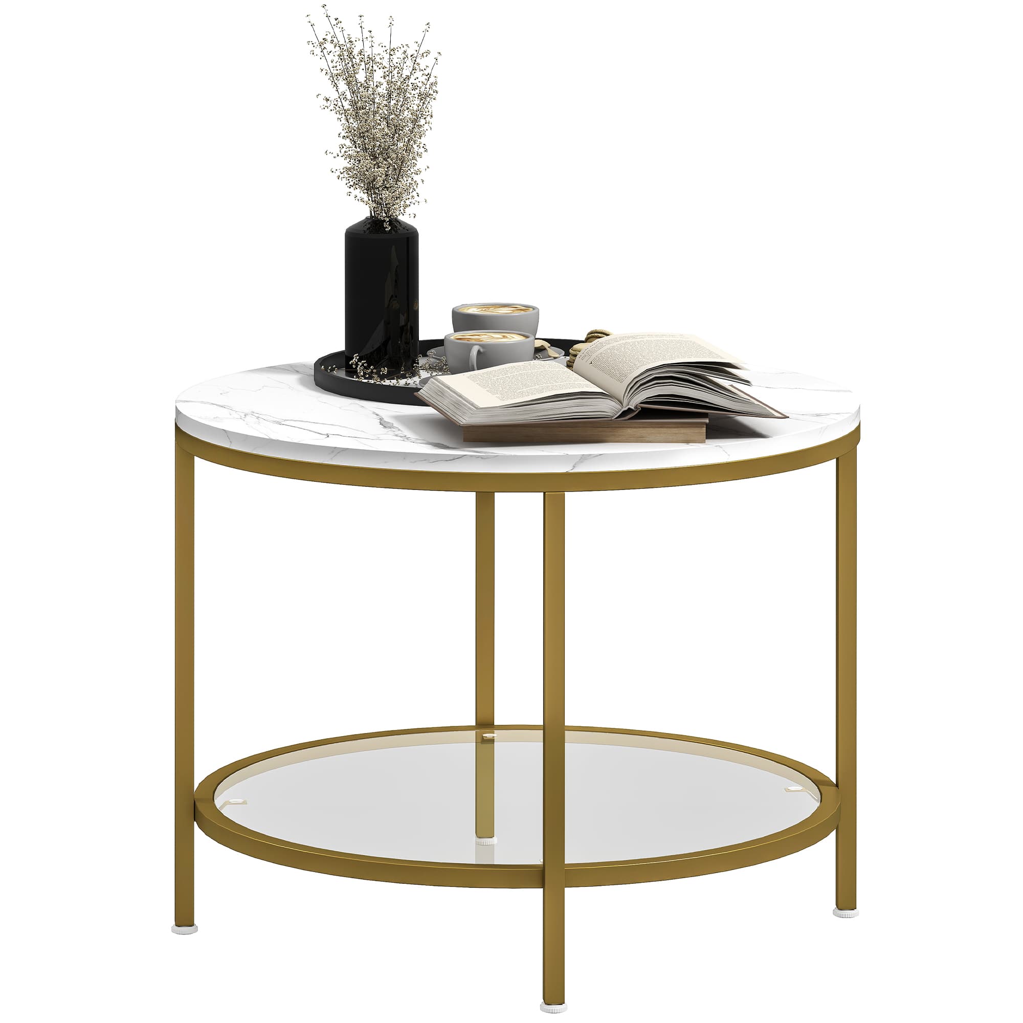 HOMCOM Table basse salon ronde moderne à 2 niveaux plateau effet marbre et étagère en verre trempé, Ø 60 x 45 cm, blanc et doré
