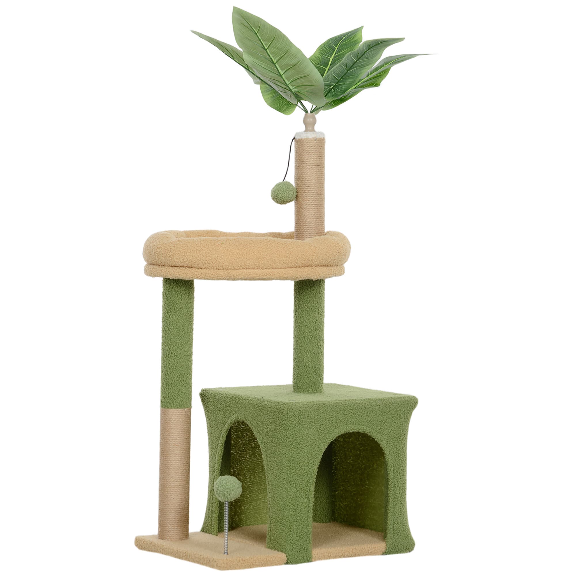 PawHut Arbre à chat tour de jeux pour chat avec niche lit griffoirs balles et feuilles artificielles 44 x 30 x 98 cm vert