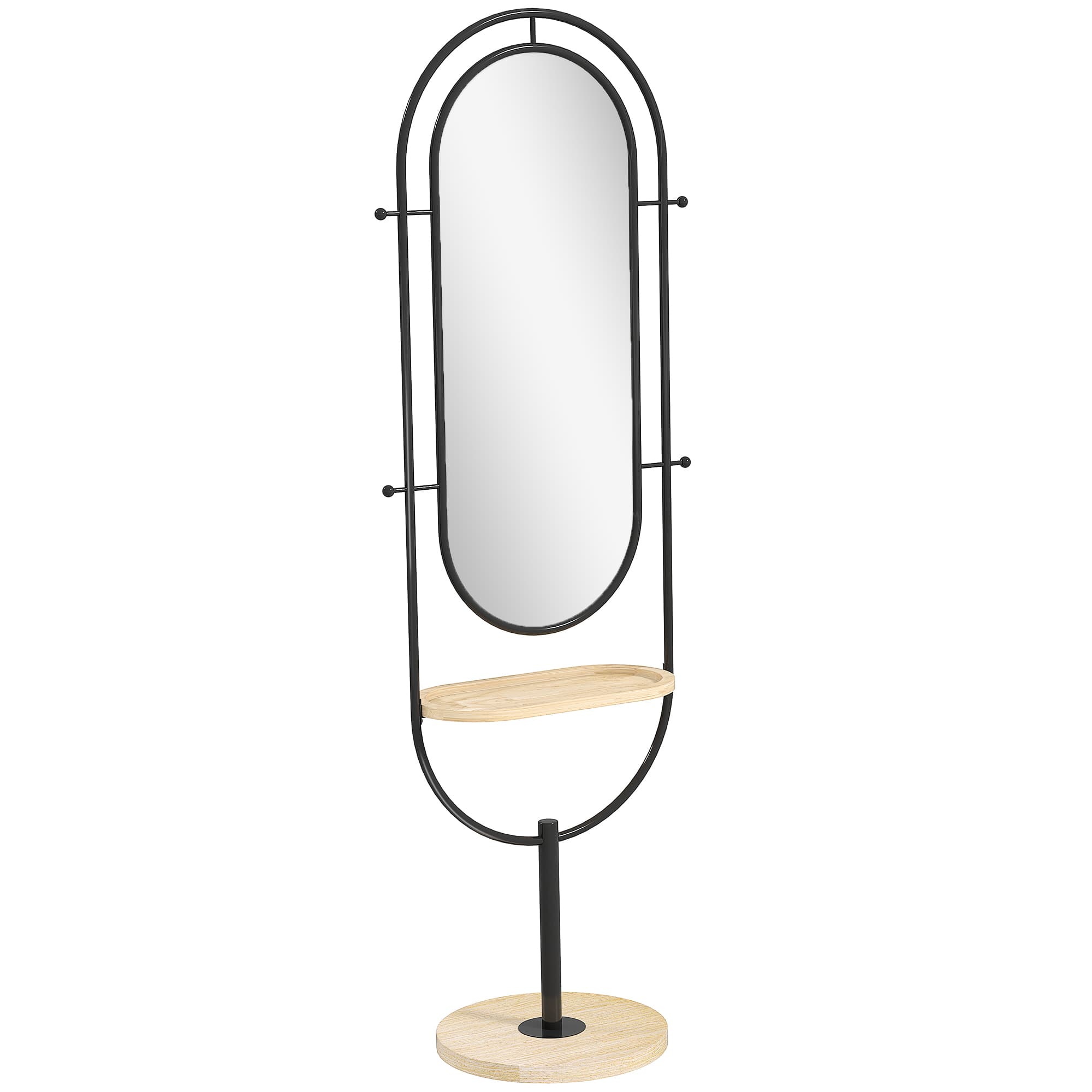 HOMCOM Miroir sur pied ovale avec plateau en bois, 4 crochets et cadre en métal, 50 x 40 x 175,5 cm, noir