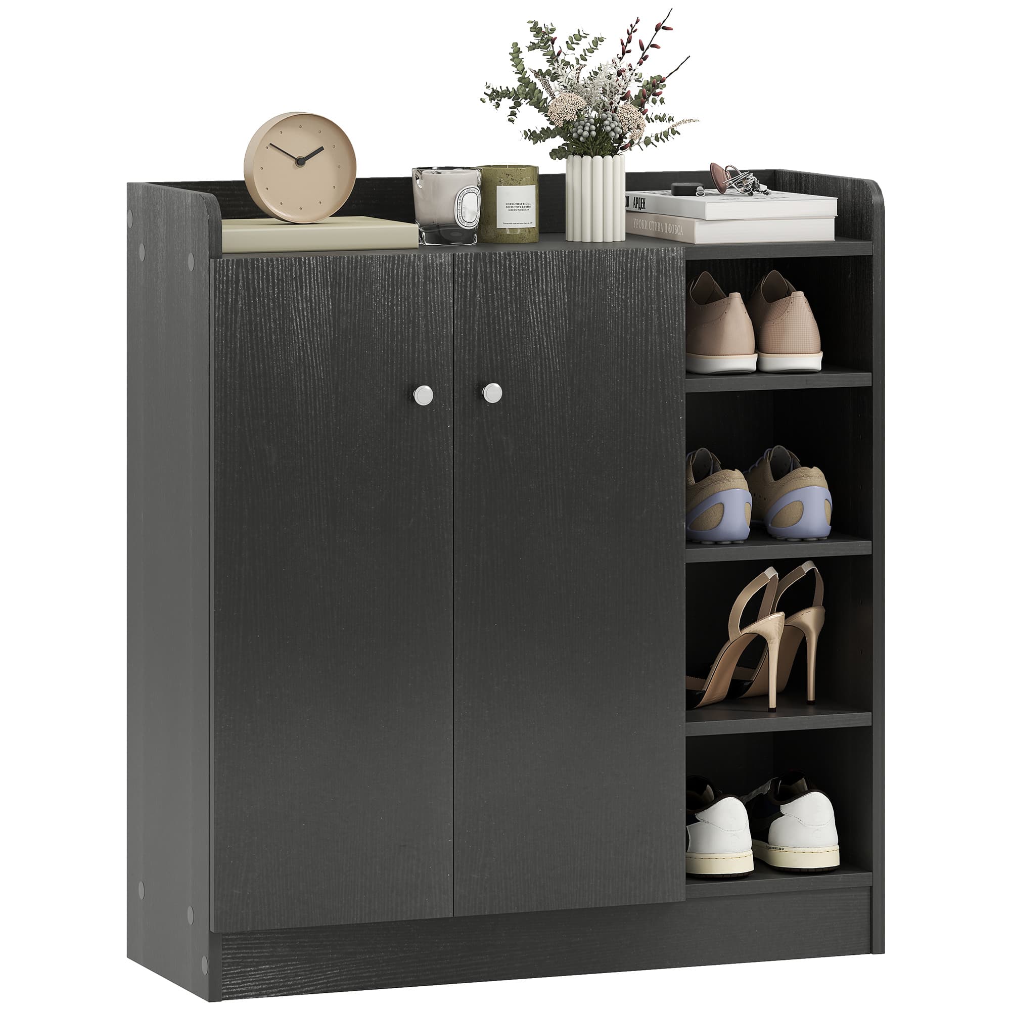 HOMCOM Meuble de rangement à chaussures pour entrée avec 4 compartiments ouverts et placard double porte étagère réglable 83L x 30l x 90H cm noir