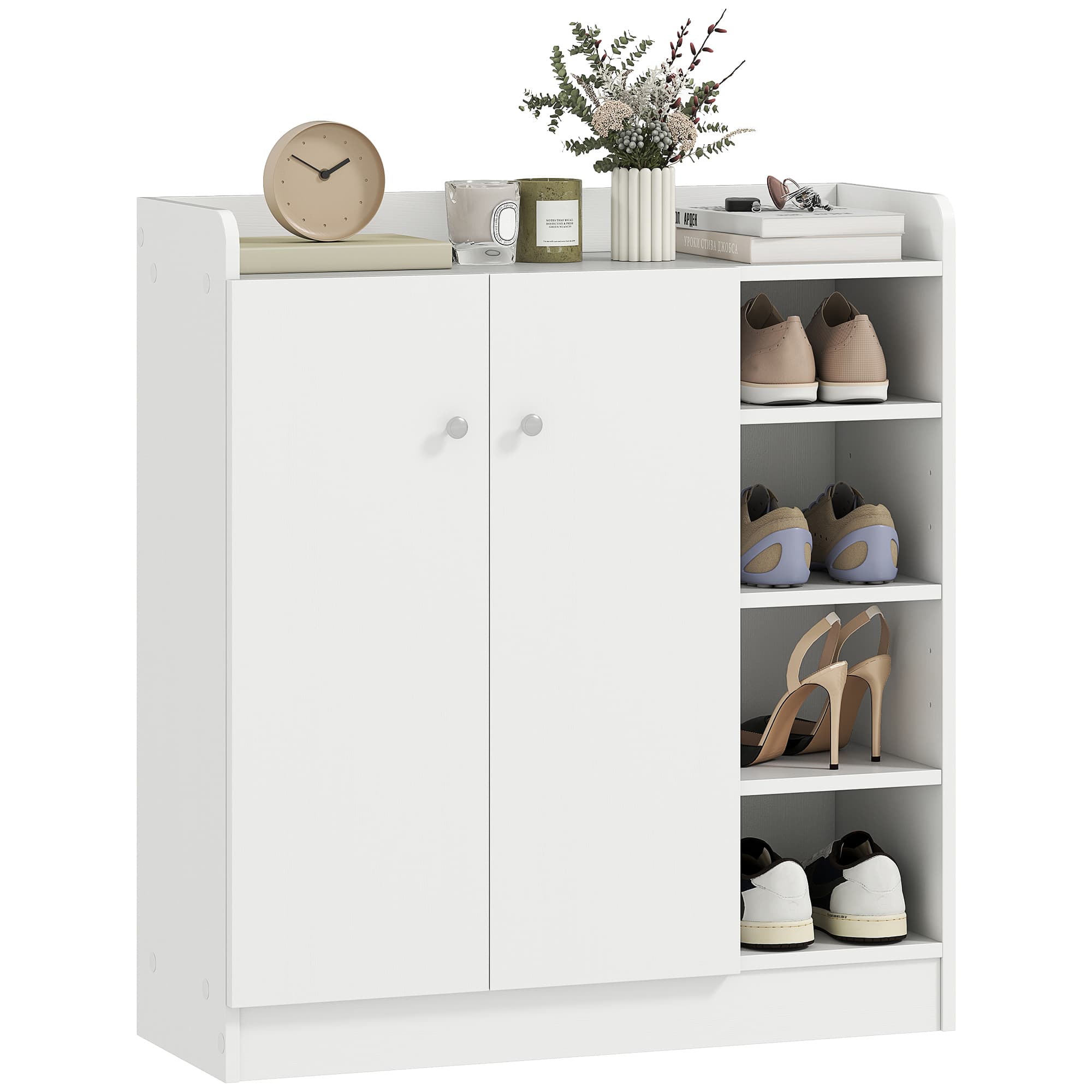 HOMCOM Meuble à chaussures armoire à chaussures avec 4 compartiments ouverts et placard double porte - étagère réglable - 83L x 30l x 90H cm - blanc