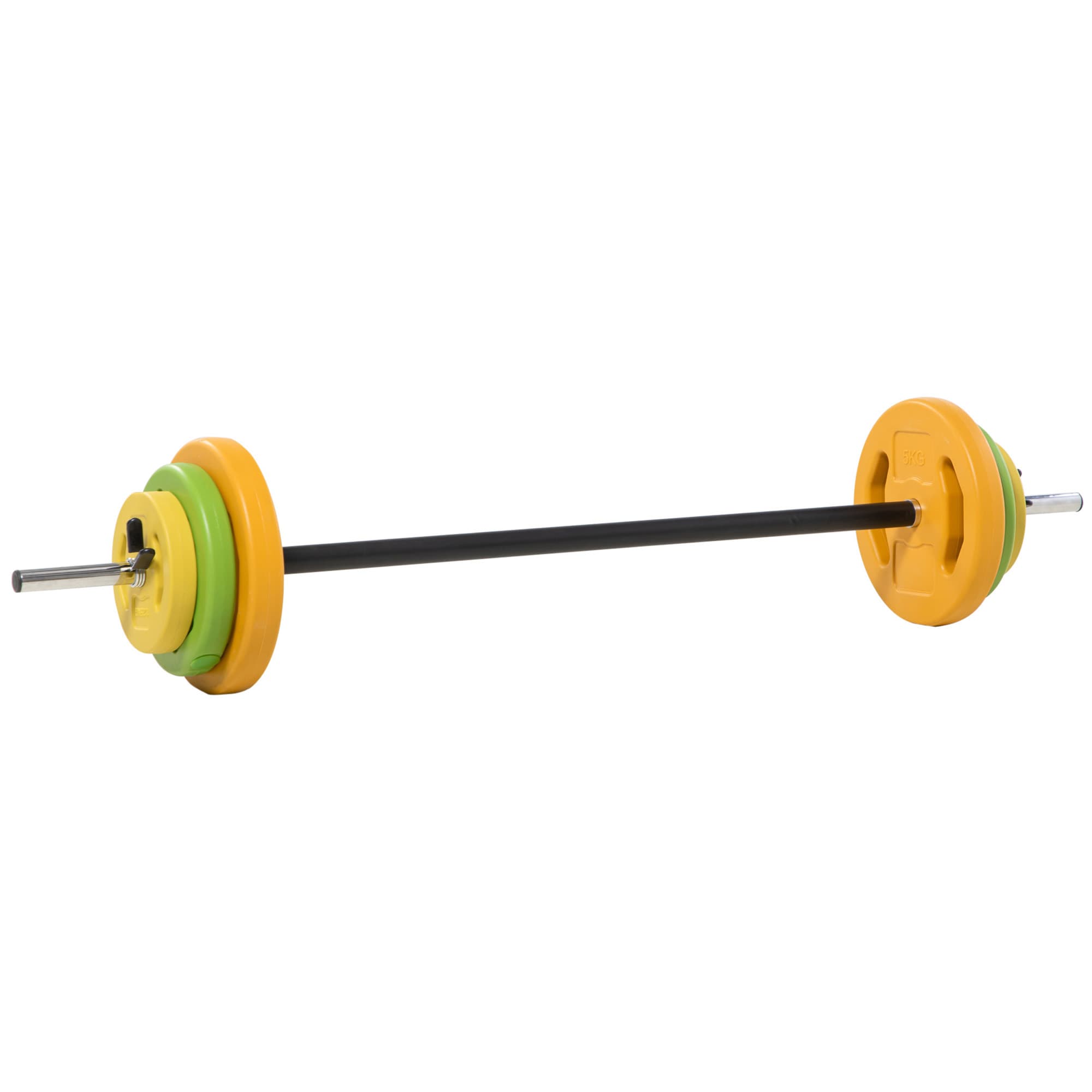 HOMCOM Ensemble haltères et barre 20 kg avec 6 haltères disques de 1,5 kg, 2,5 kg et 5 kg gym musculation orange vert et jaune