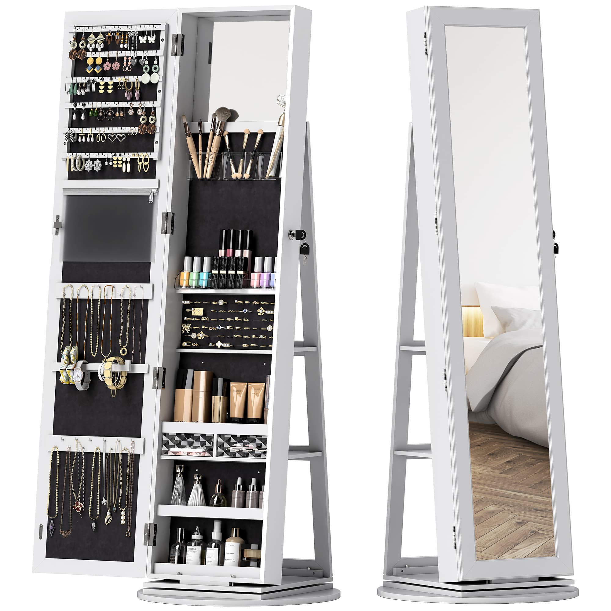 HOMCOM Armoire à Bijoux 3 en 1 Pivotant à 360°, Étagères Arrière et Porte avec Serrure à Clé, 55x55x161 cm, Blanc