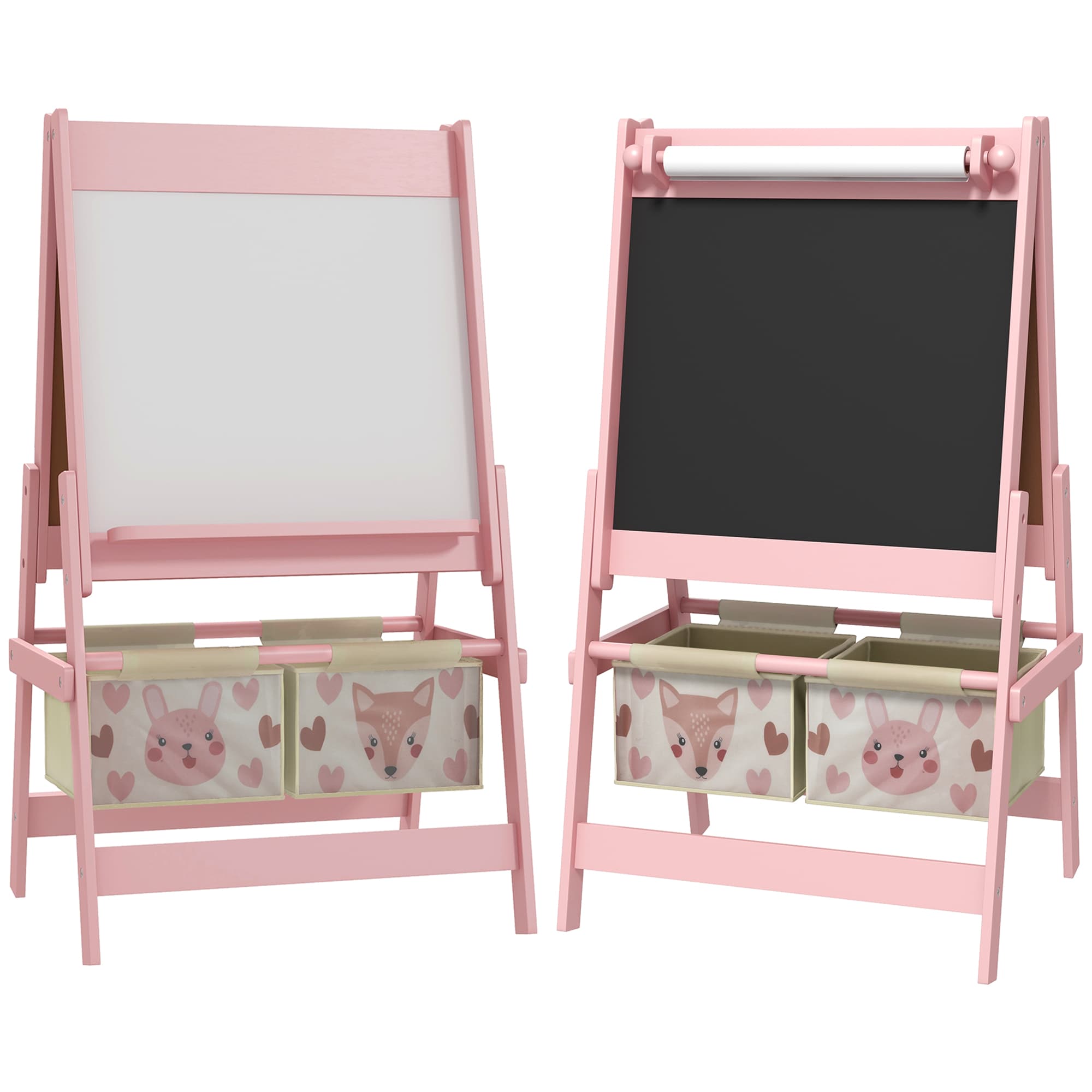 AIYAPLAY Tableau chevalet enfant ardoise double face tableau à craie rouleau papier 2 paniers 54 x 46,5 x 93 cm rose