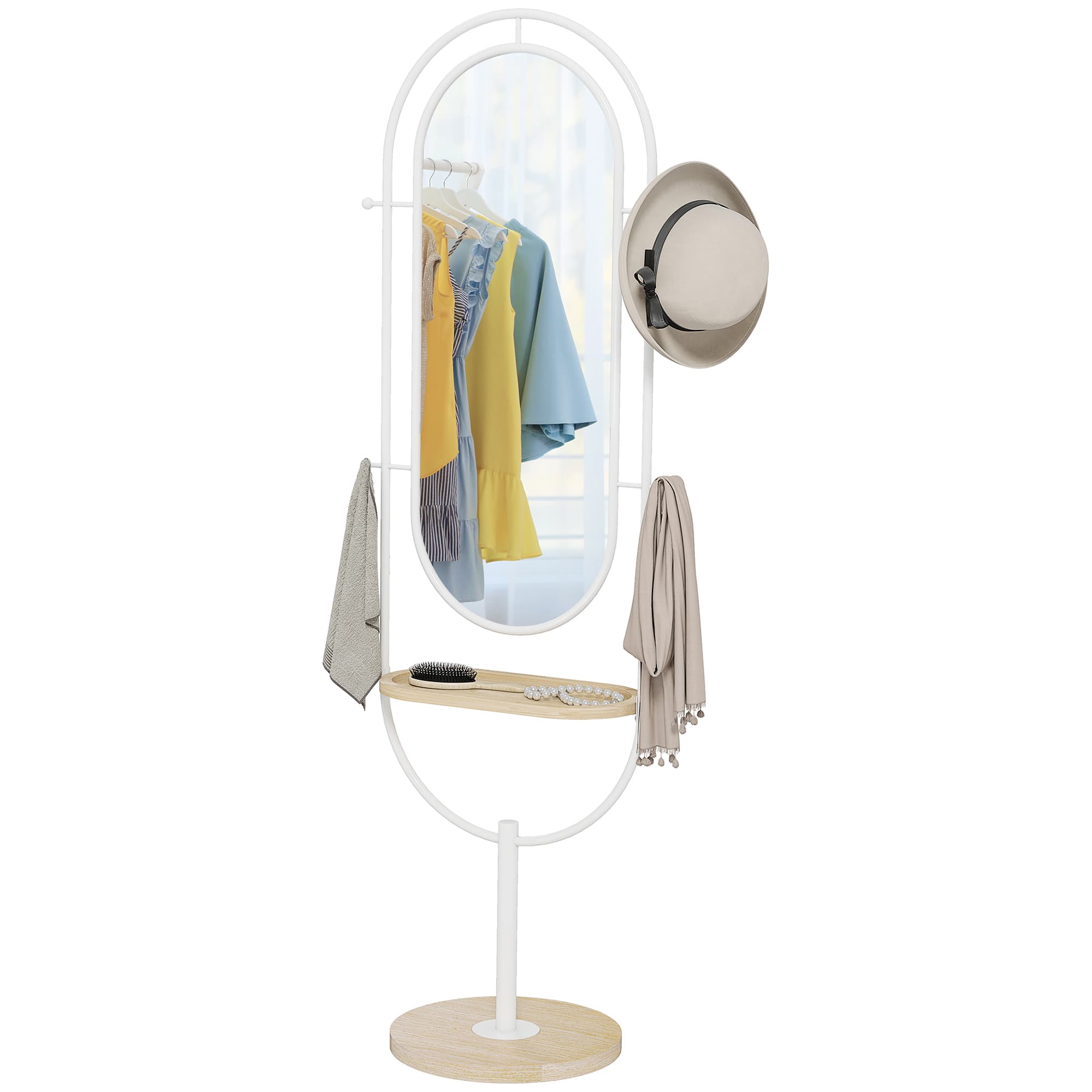 HOMCOM Miroir sur Pied Entier 175,5x50 cm avec Plateau en Bois 4 Crochets et Cadre en Métal pour Salon Chambre Blanc