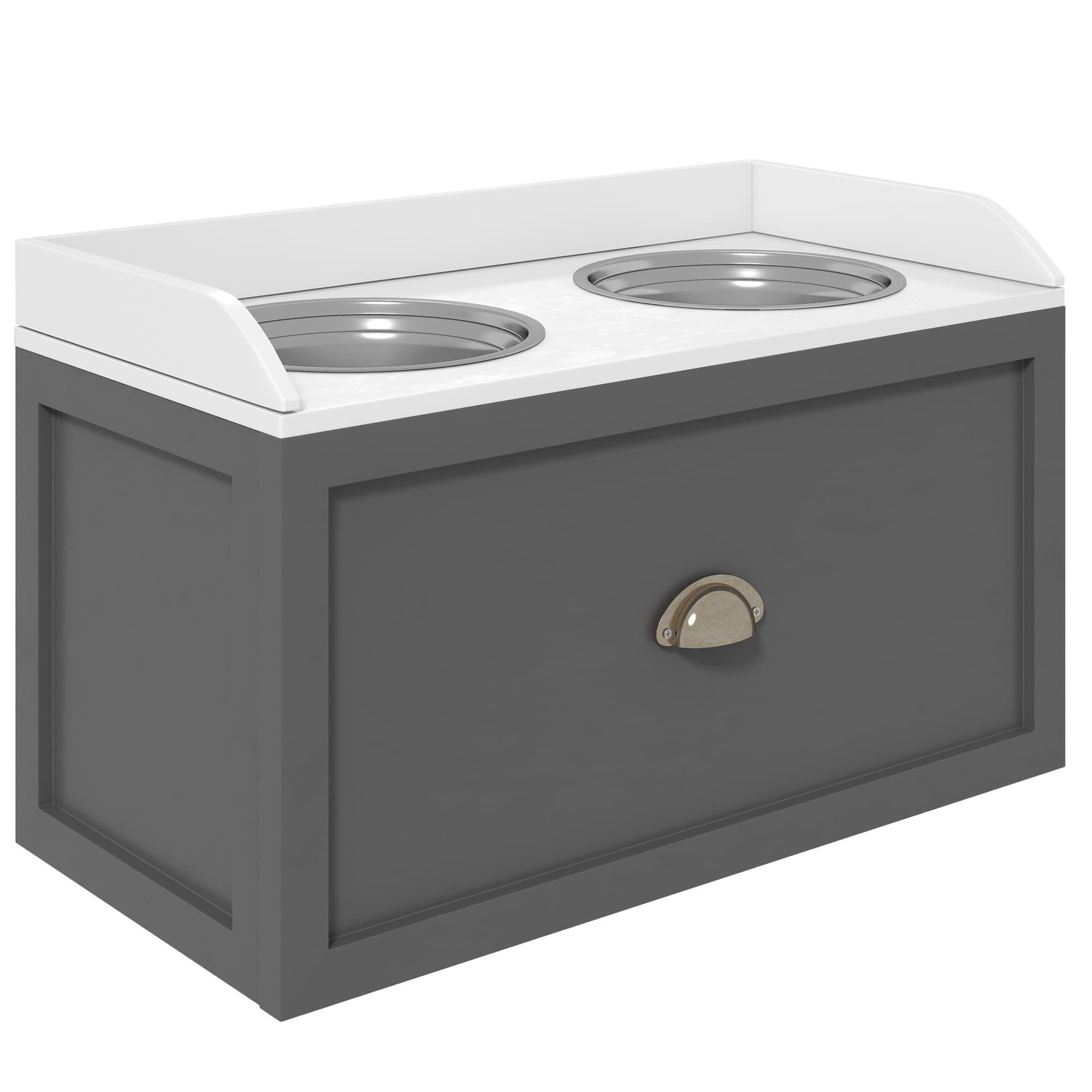 PawHut Gamelle double chien chat - porte-gamelles surélevé rangement 2 en 1 - tiroir, 2 gamelles - acier inox. MDF blanc gris