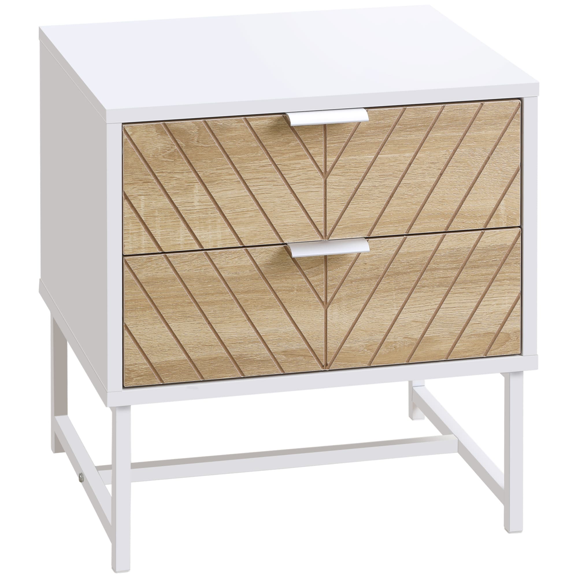HOMCOM Table de chevet, table d'appoint, avec tiroirs, cadre en acier, pour salon chambre, 45 x 39 x 48 cm, blanc et chêne