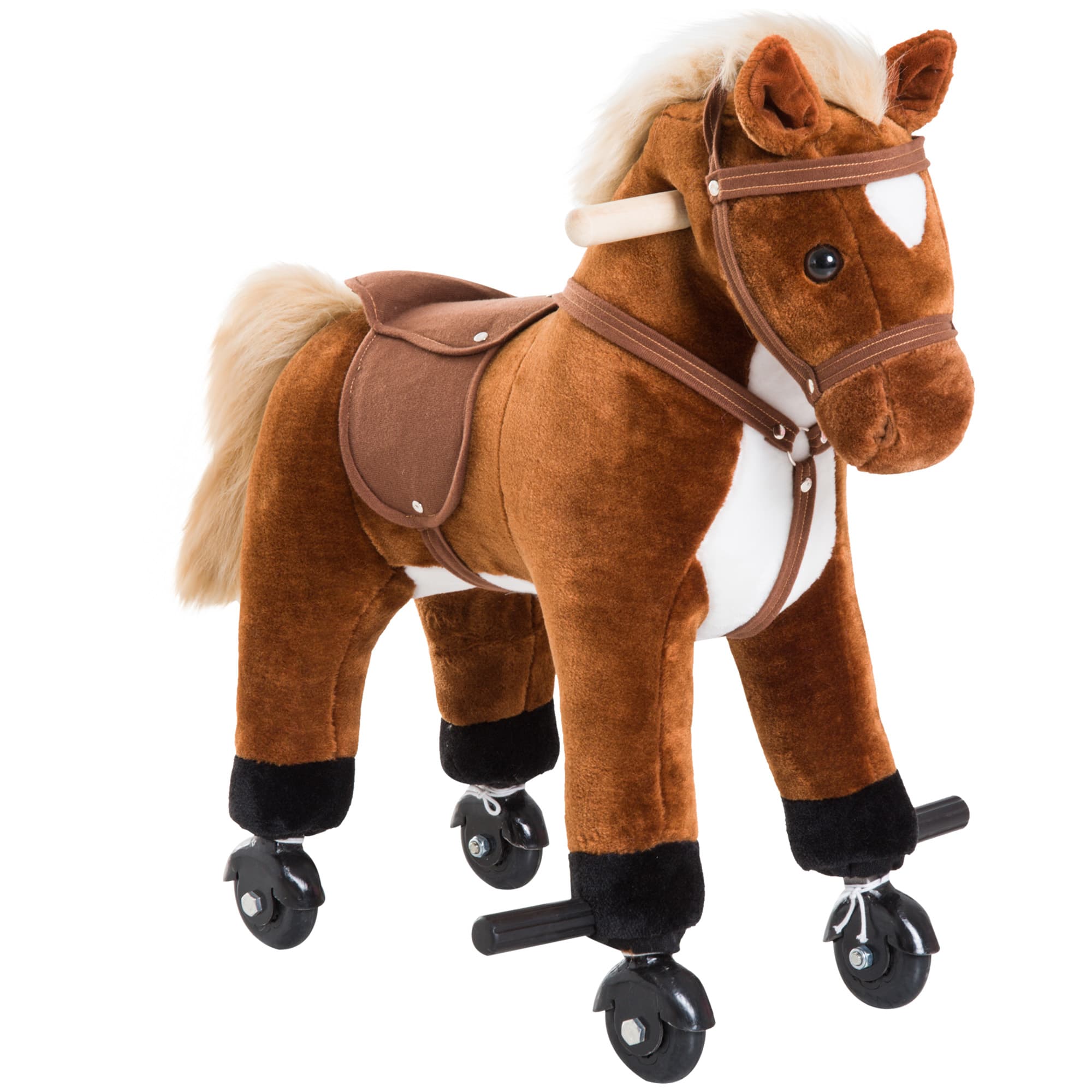 HOMCOM Jouet cheval pour enfant de +36 mois avec 4 roulettes, effet sonore, repose-pieds et guidon, 55x23x60 cm Marron