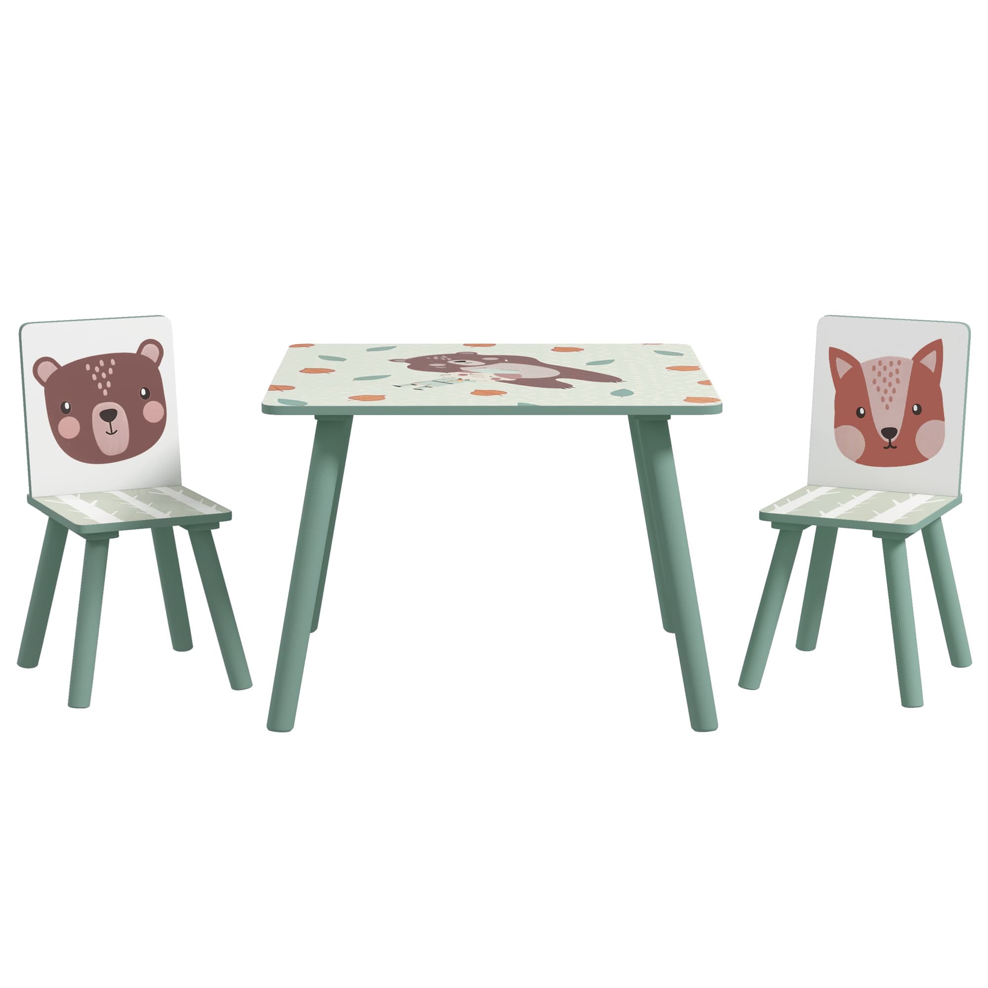 ZONEKIZ Table et 2 chaises pour enfants 3-8 ans ensemble 3 pièces motif animaux pour chambre à coucher salle de jeux vert