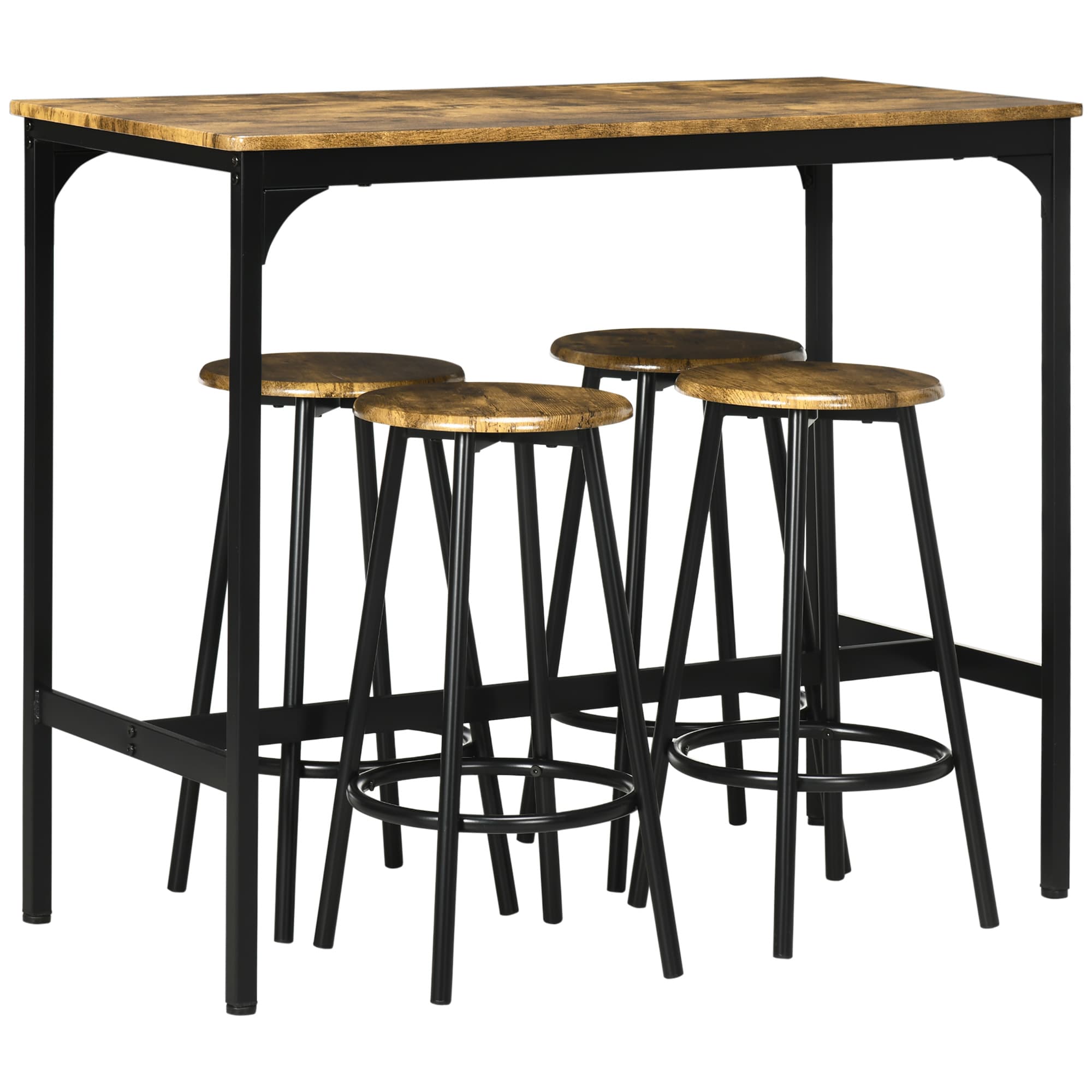 HOMCOM Ensemble table haute et 4 tabourets avec Repose-Pieds, métal noir et aspect bois pour cuisine salle à manger