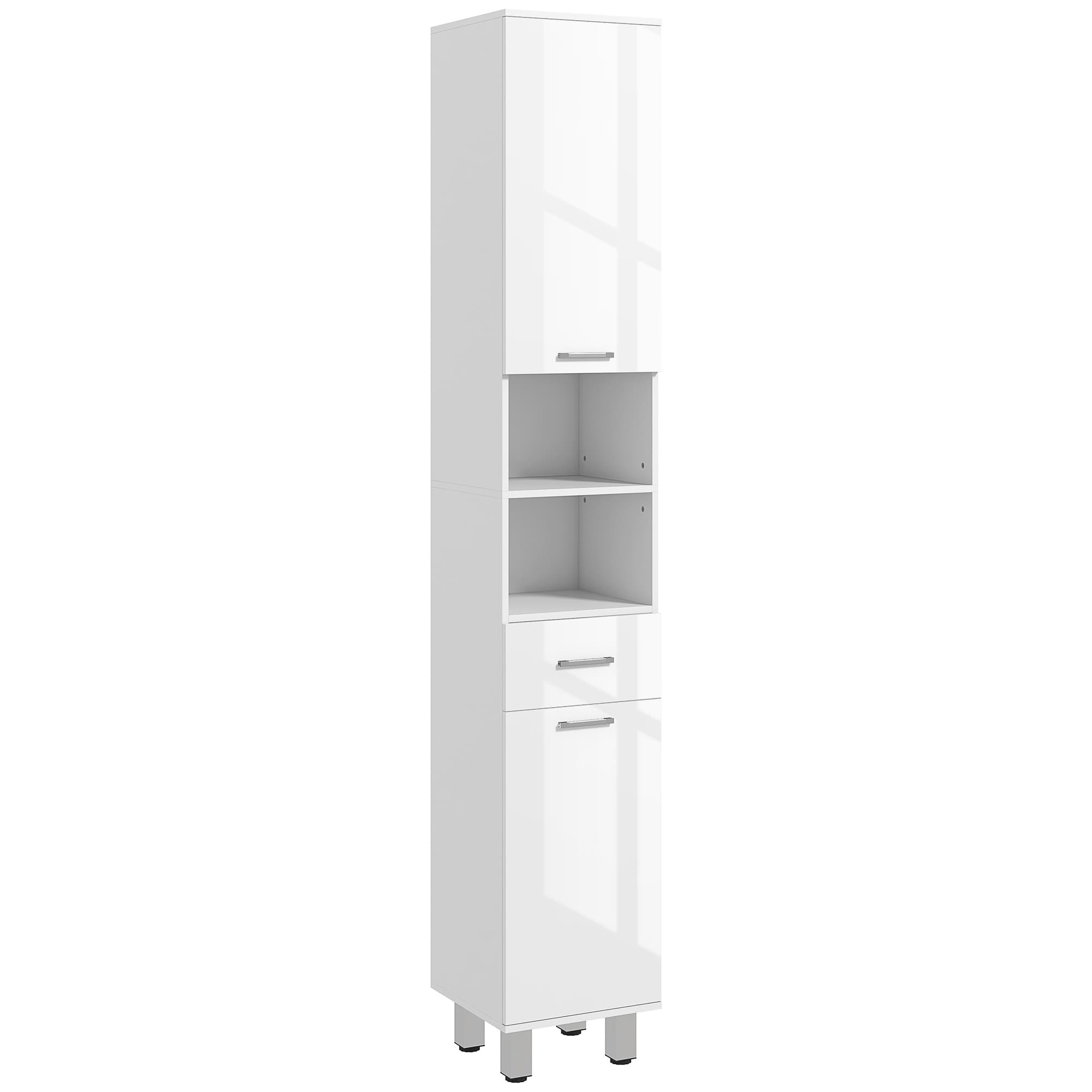 kleankin Meuble colonne salle de bain avec étagères réglables et compartiments ouverts, 30x30x180cm, blanc brillant