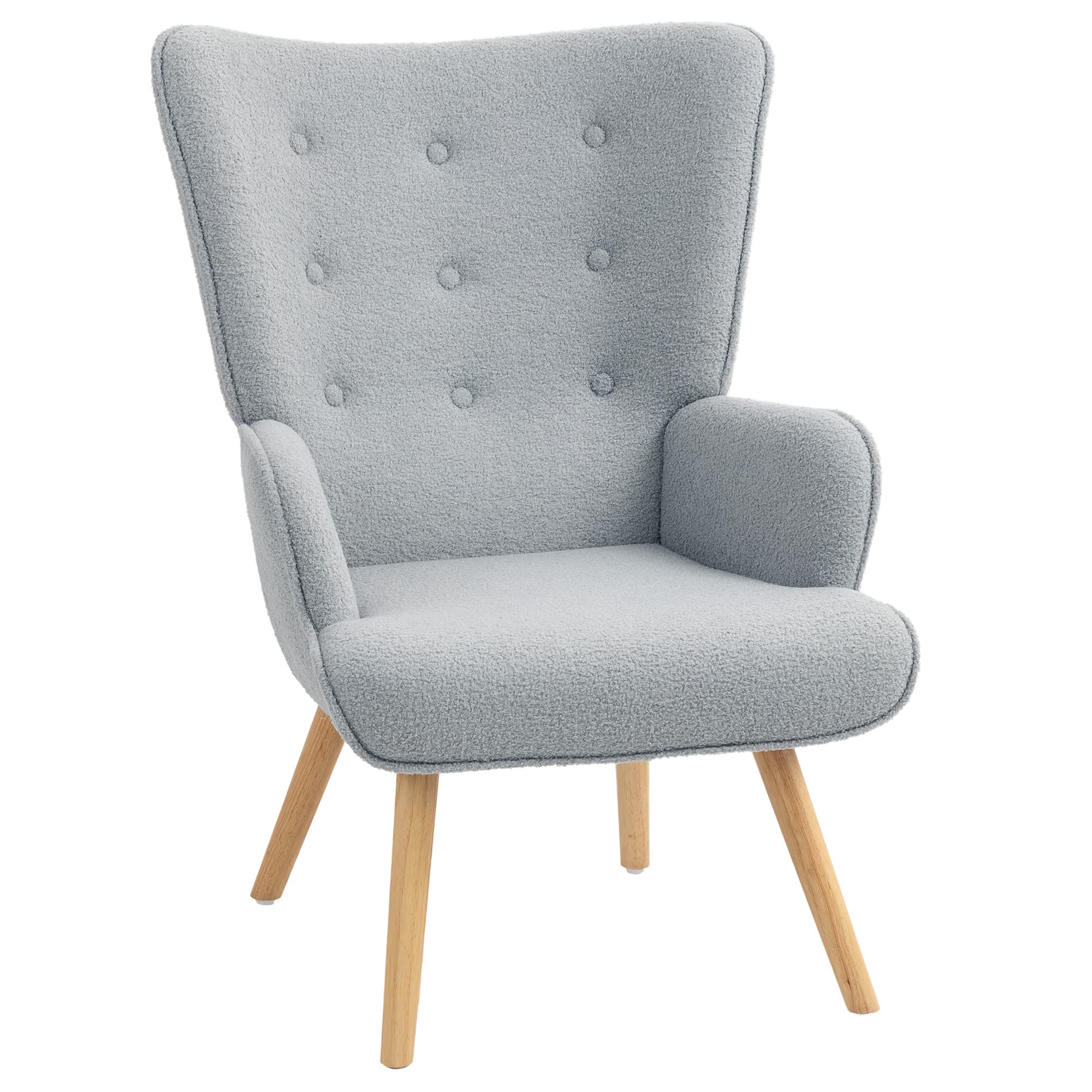 HOMCOM Fauteuil de salon en tissu bouclette, fauteuil capitonné et rembourré avec pieds en bois, 71 x 74 x 96 cm, gris clair