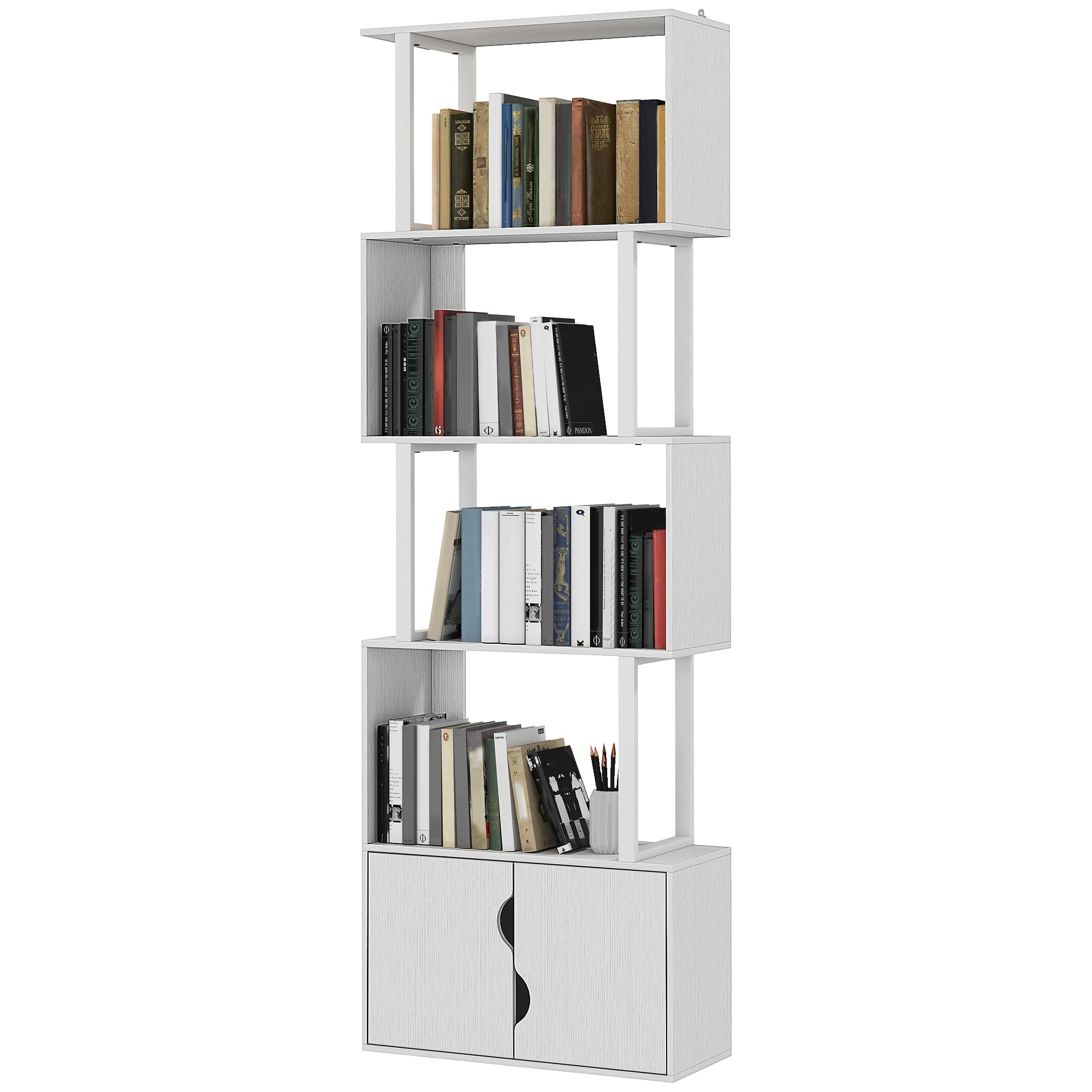 HOMCOM Bibliothèque à 5 niveaux, meuble de rangement avec étagères et placard double porte, 60 x 23,8 x 179,2 cm, blanc