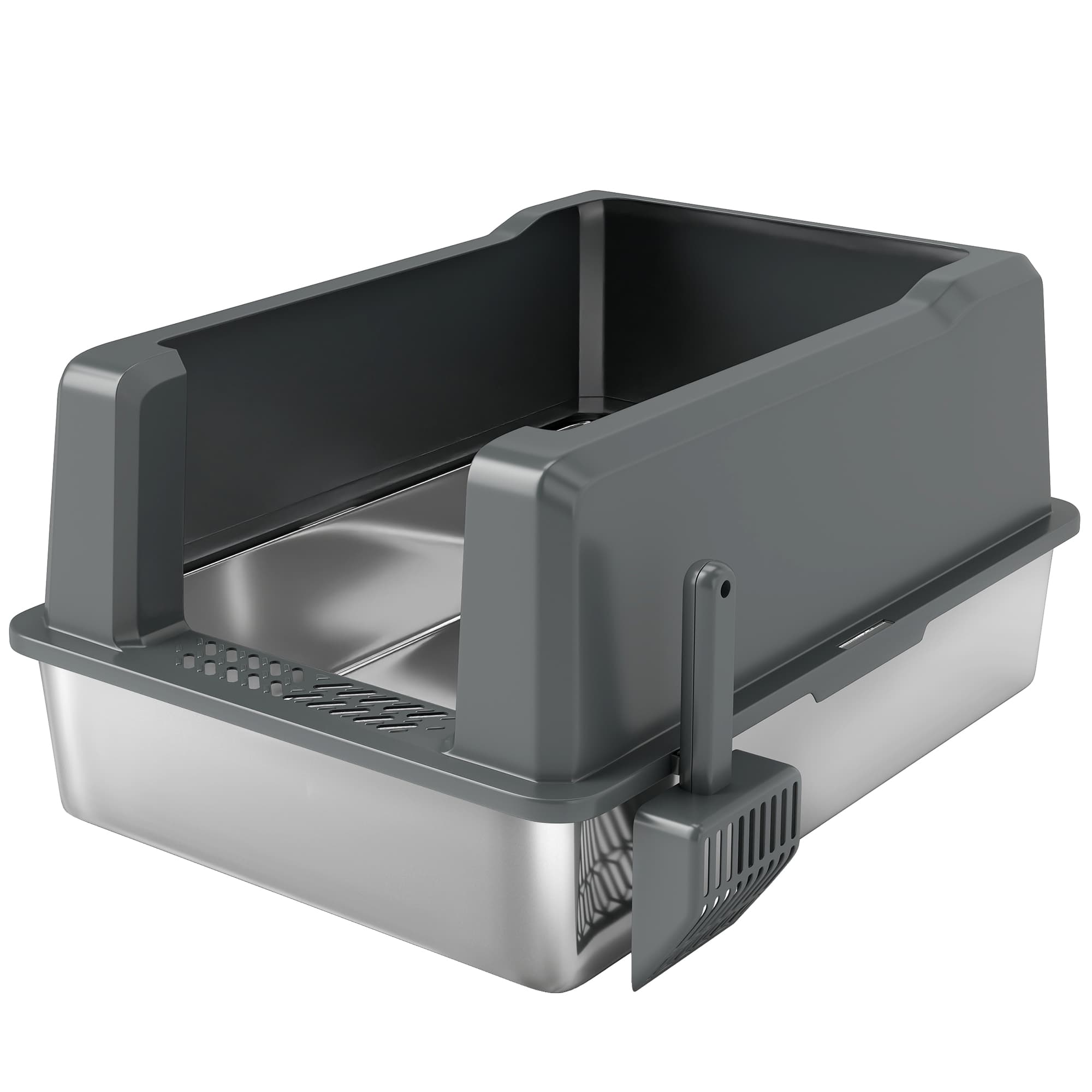 PawHut Bac à litière pour chat en acier inoxydable 85L grande capacité maison de toilette semi-fermée, 71 x 50,8 x 35,5 cm gris